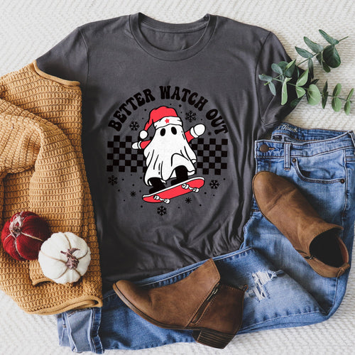 Better Watch Out Ghost Skateboard Santa Christmas Retro Holiday Mashup Artwork Graphic Tee