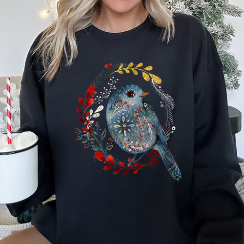 Bird Folk Art Scandinavian Winter Christmas Ornament Birds Nordic Pattern Sweatshirt