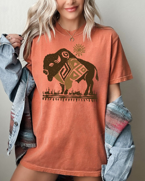 Bison Western Buffalo Sun Cowboy Nature Tribal Print Desert Scene Comfort Colors Tee