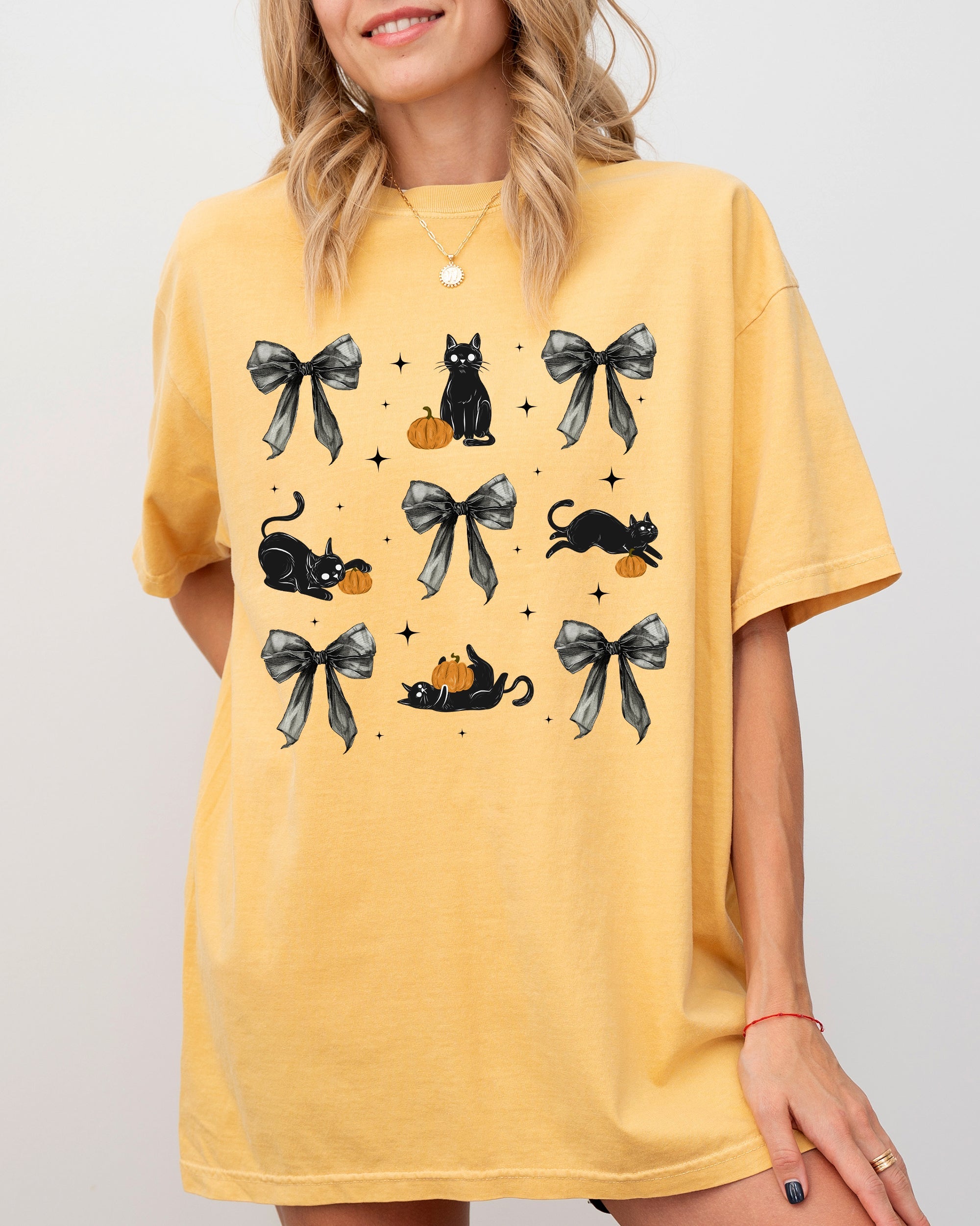 Black Cat Coquette Ribbons And Bows Halloween Autumn Vintage Edition Comfort Colors Tee