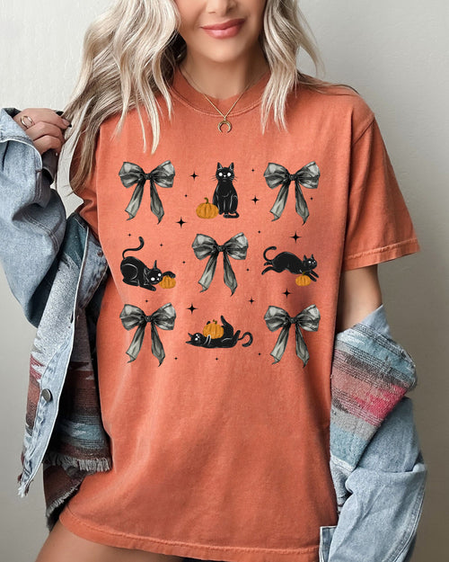 Black Cat Coquette Ribbons And Bows Halloween Autumn Vintage Edition Comfort Colors Tee
