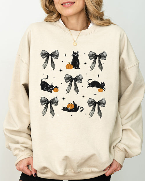 Black Cat Coquette Ribbons and Bows Halloween Girly Autumn Fall Cozy Soft Sweatshirt