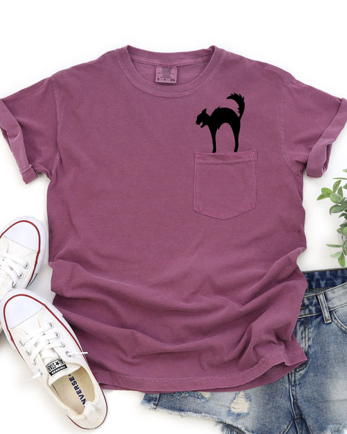 Black Cat Halloween Spooky Witch Pocket Graphic Vintage Edition Pocket Tee Comfort Colors Tee