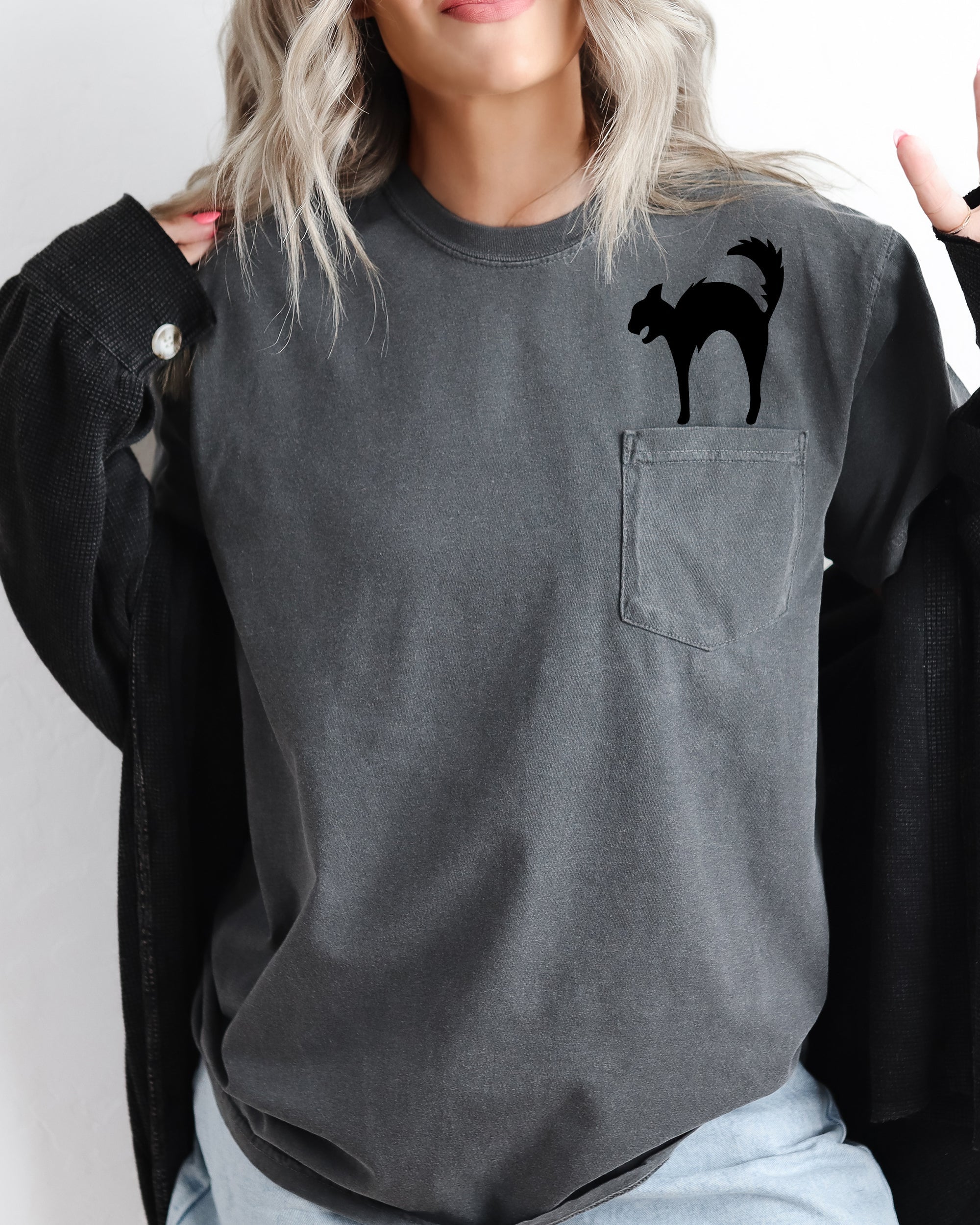 Black Cat Halloween Spooky Witch Pocket Graphic Vintage Edition Pocket Tee Comfort Colors Tee