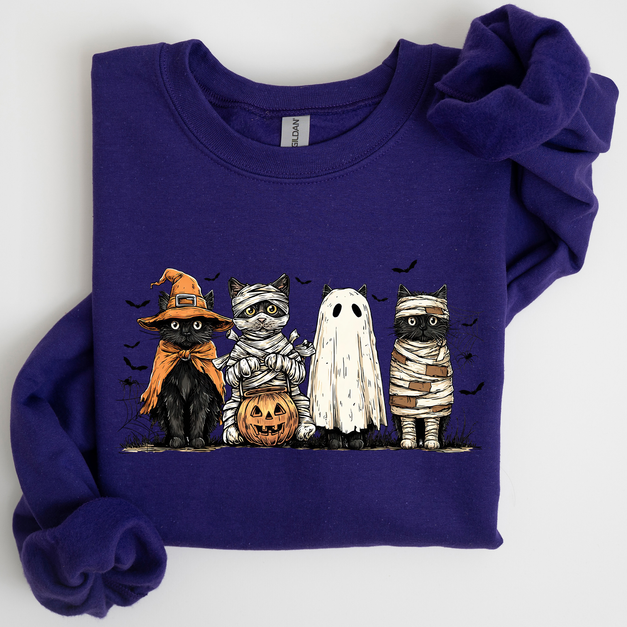 Shimmering Ghost Halloween Black Cat Pumpkin Ghost Cats Retro Gothic Autumn Sweatshirt