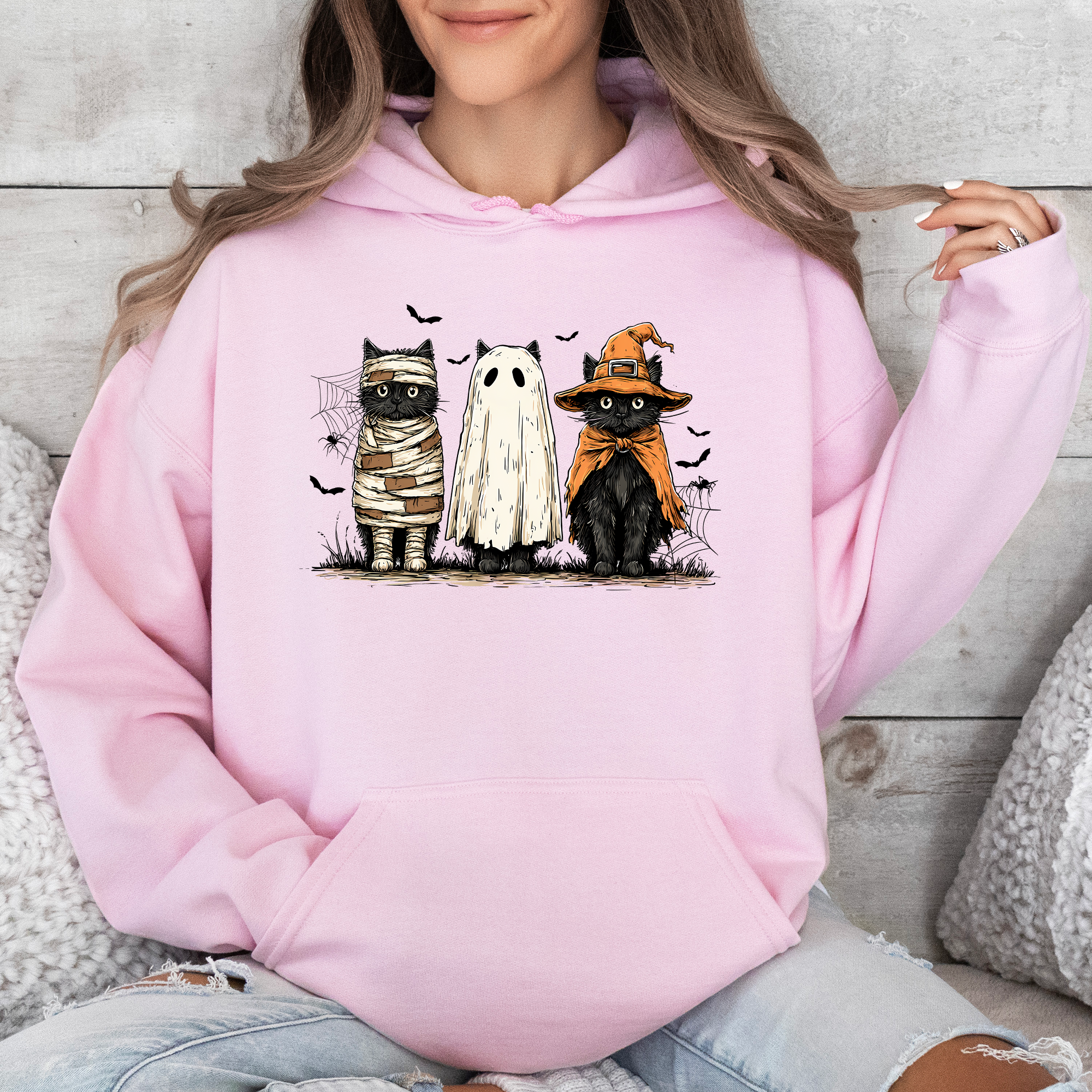 Black Cats Boo Ghost Cats Retro Halloween Gothic Autumn Night Pumpkin Moonlit Midnight Graphic Hoodie