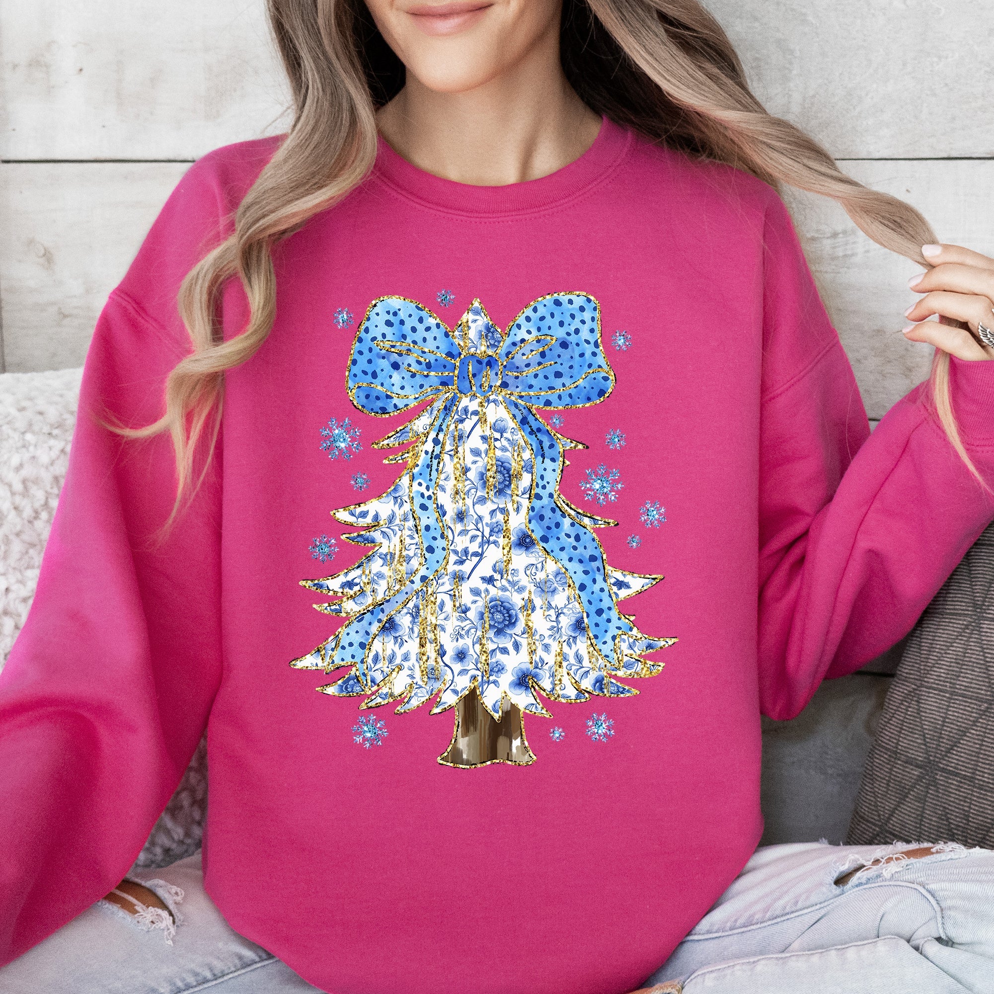 Blue Christmas Christmas Tree Bow Delft Coquette Floral Santa Holiday Elegance Sweatshirt