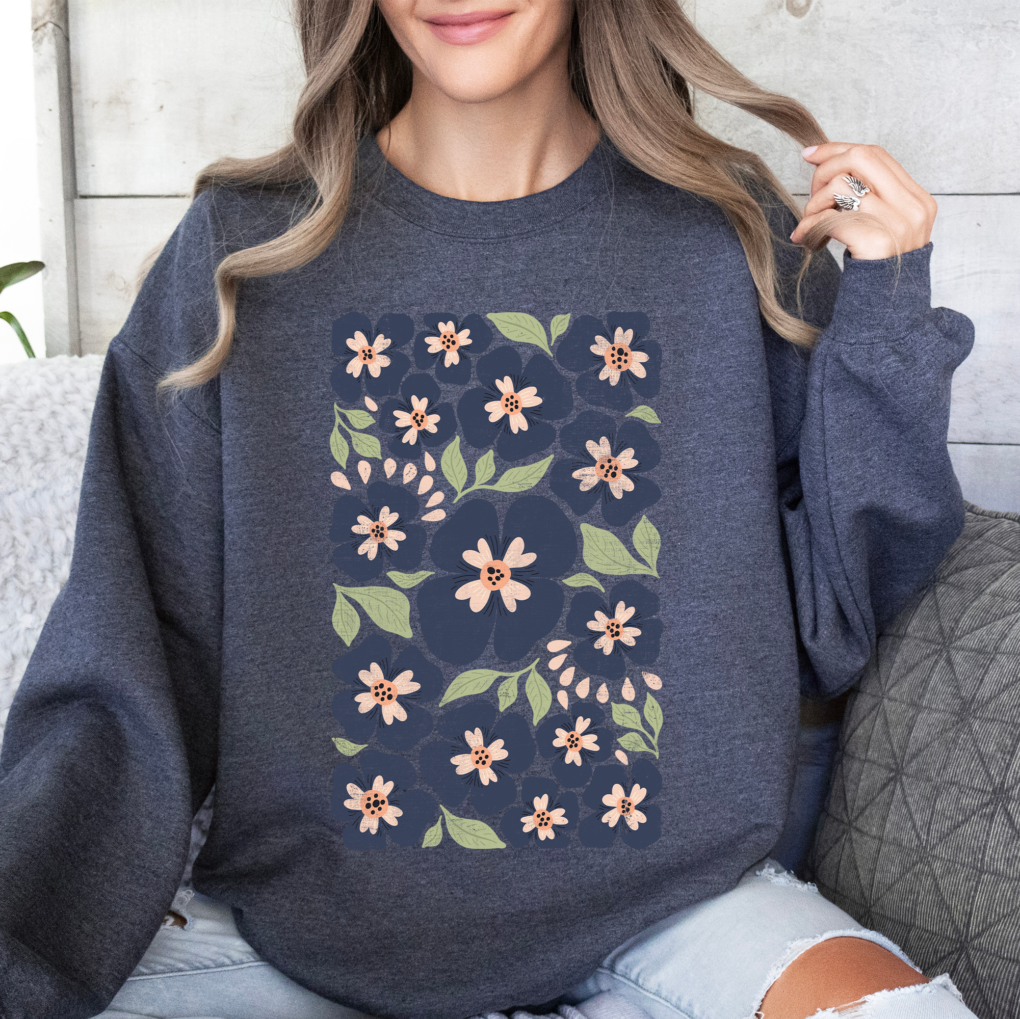 Blue Wildflower Allover Floral Vintage Boho Nature Inspired Autumn Palette Sweatshirt