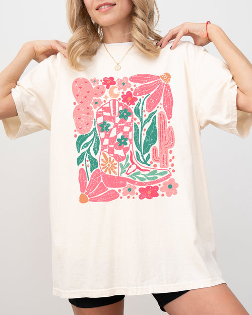 Boho Floral Cowboy Boots Colorful Summer Western Country Floral Edition Comfort Colors Tee