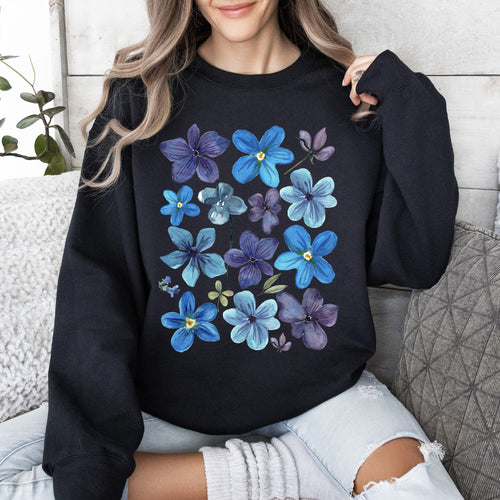 Bold Floral Blues Pressed Flowers Nature Botanical Landscape Artwork Timeless Nature-Inspired Collection Sweatshirt