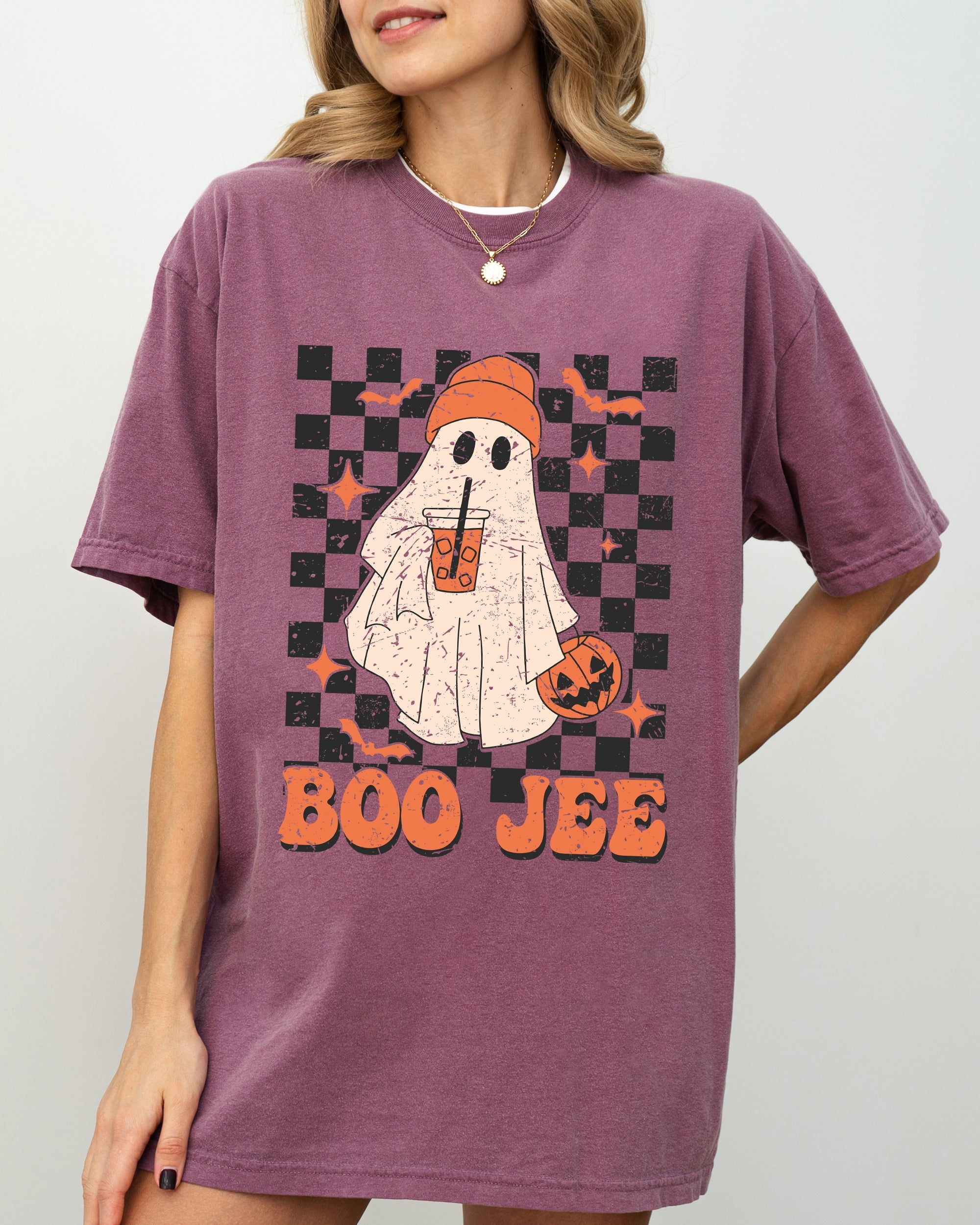 Boo-Jee Ghost Checkered Retro Halloween Coffee Drink Vintage Graphic Comfort Colors Tee