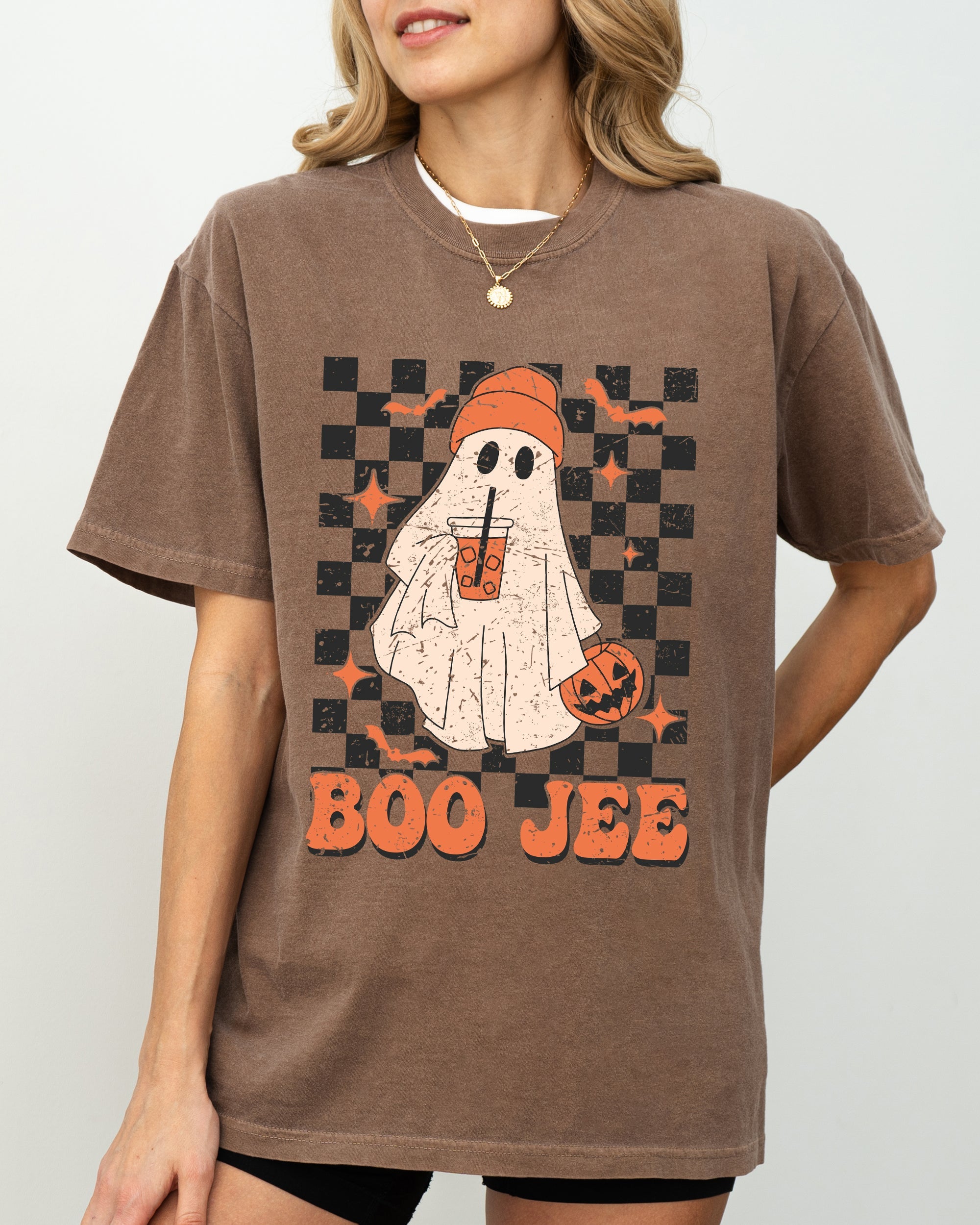 Boo-Jee Ghost Checkered Retro Halloween Coffee Drink Vintage Graphic Comfort Colors Tee
