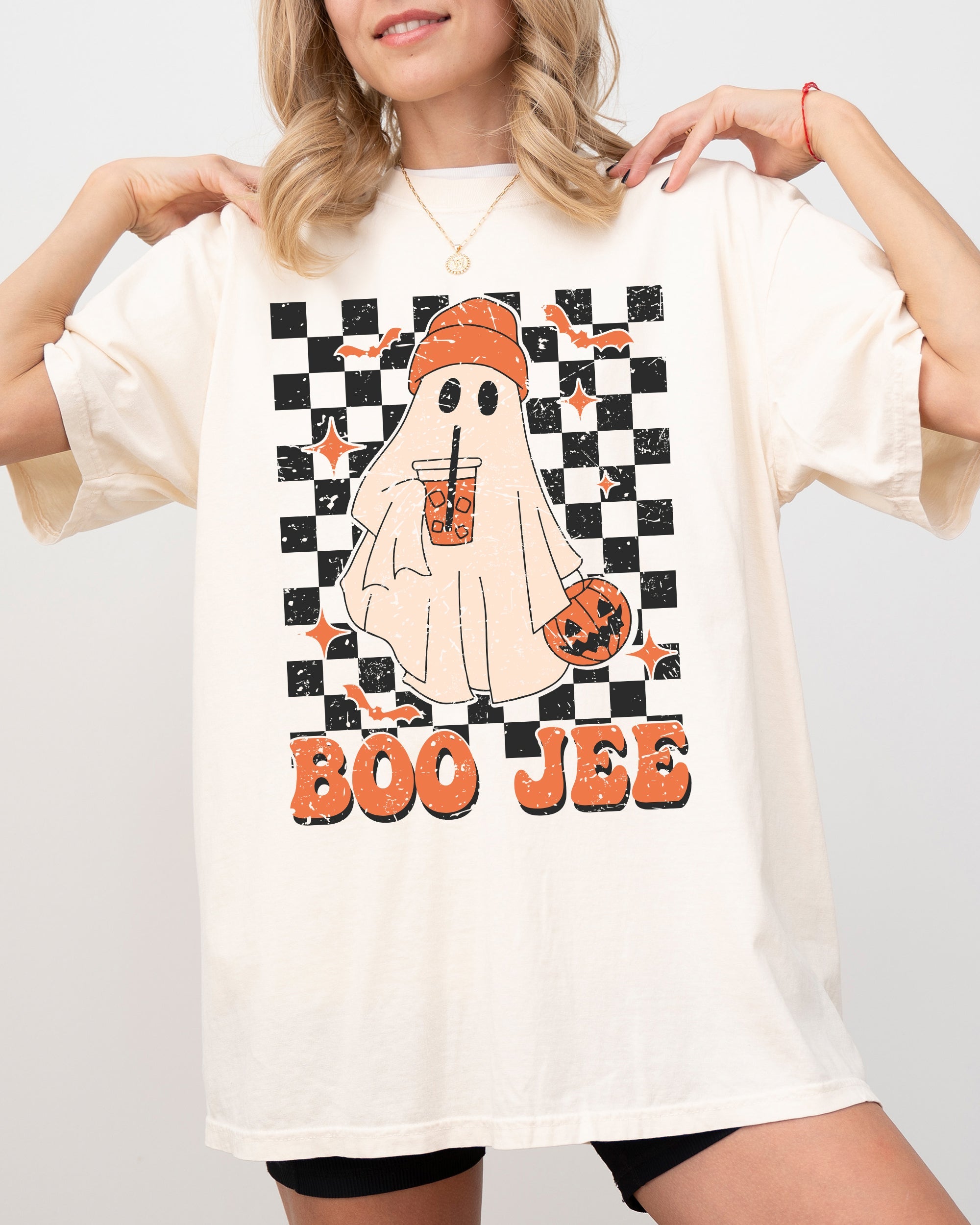 Boo-Jee Ghost Checkered Retro Halloween Coffee Drink Vintage Graphic Comfort Colors Tee