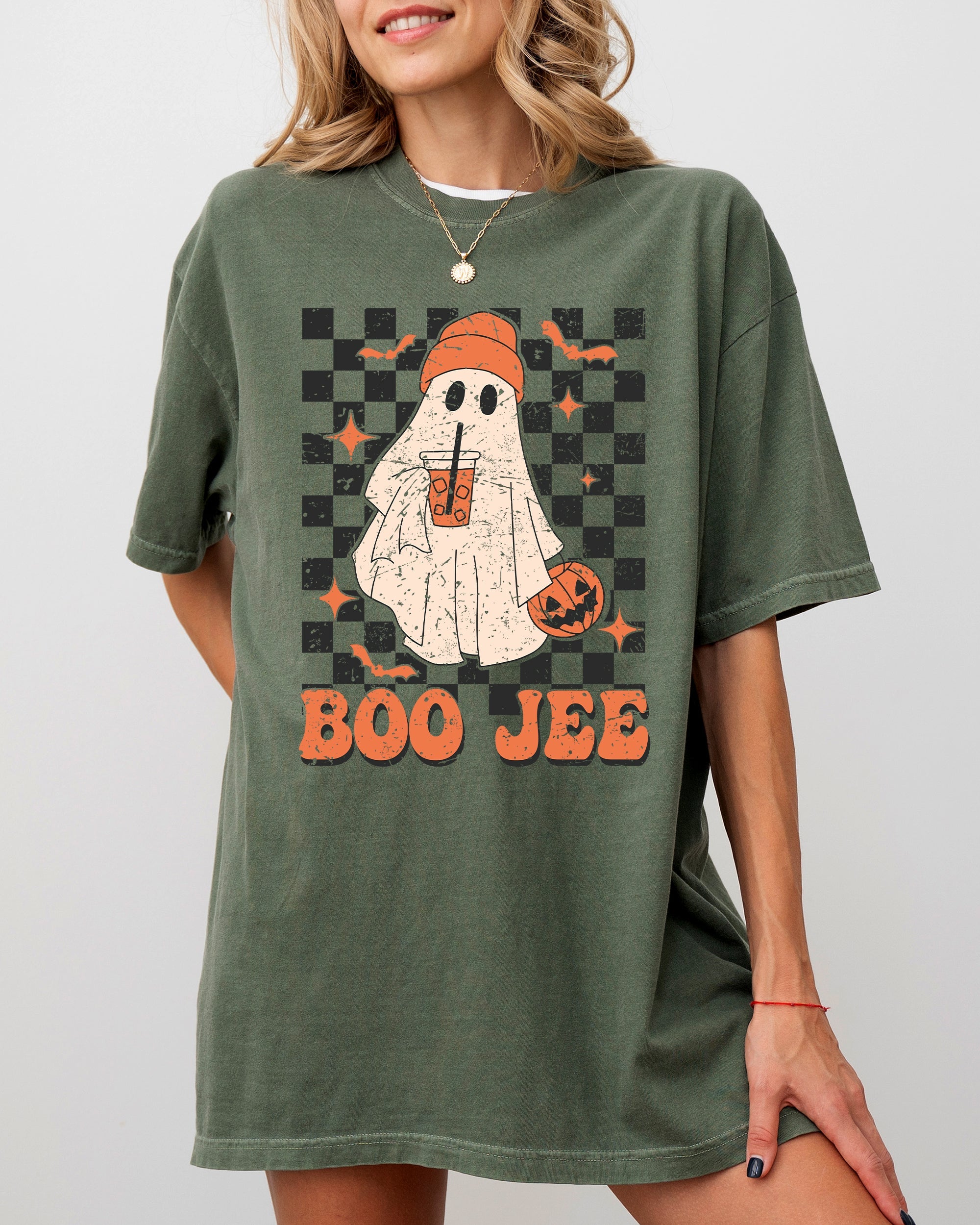 Boo-Jee Ghost Checkered Retro Halloween Coffee Drink Vintage Graphic Comfort Colors Tee