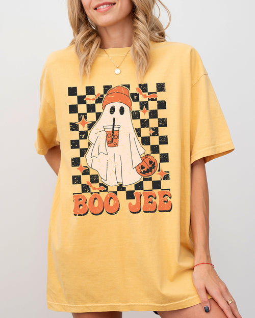 Boo-Jee Ghost Checkered Retro Halloween Coffee Drink Vintage Graphic Comfort Colors Tee