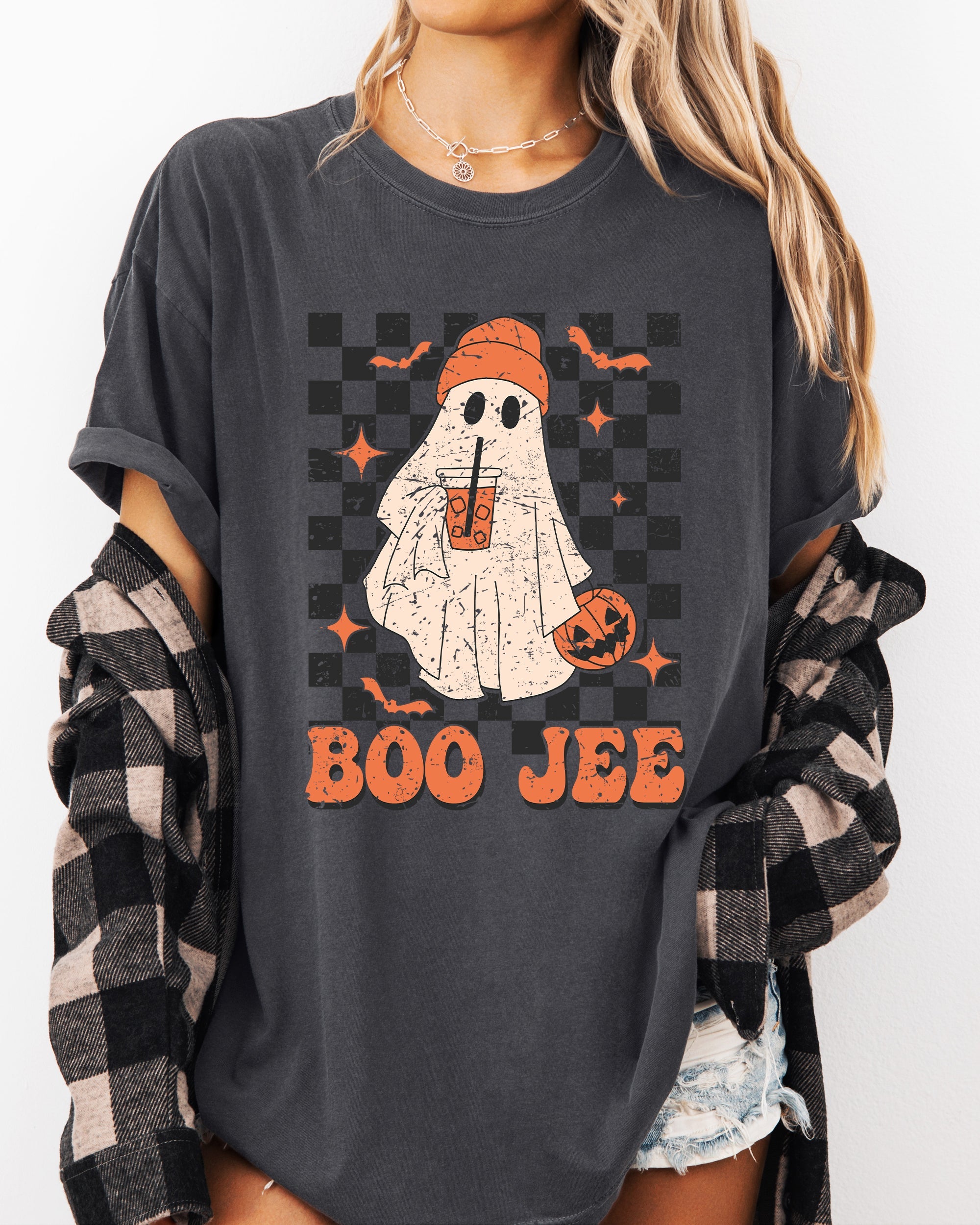 Boo-Jee Ghost Checkered Retro Halloween Coffee Drink Vintage Graphic Comfort Colors Tee