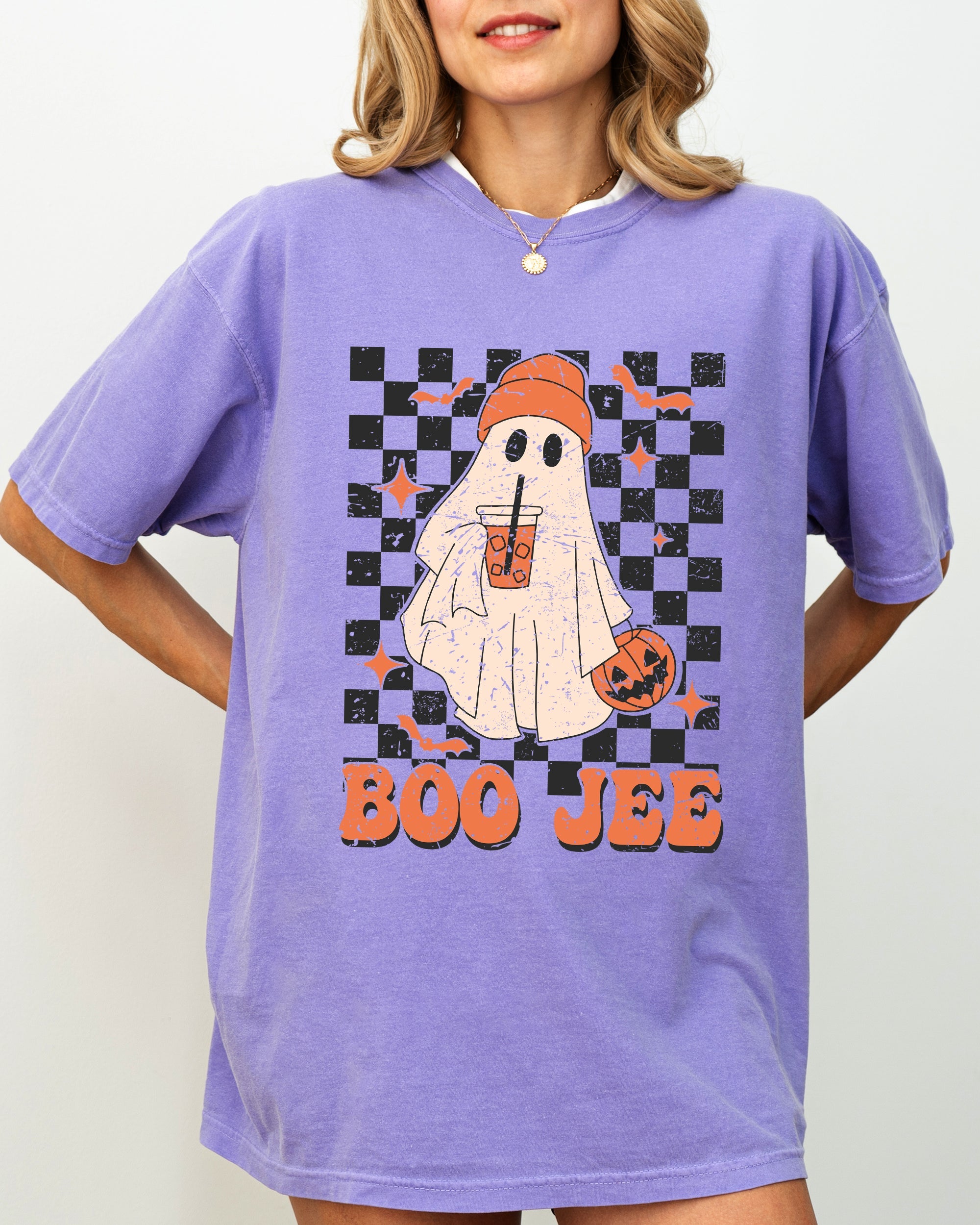 Boo-Jee Ghost Checkered Retro Halloween Coffee Drink Vintage Graphic Comfort Colors Tee
