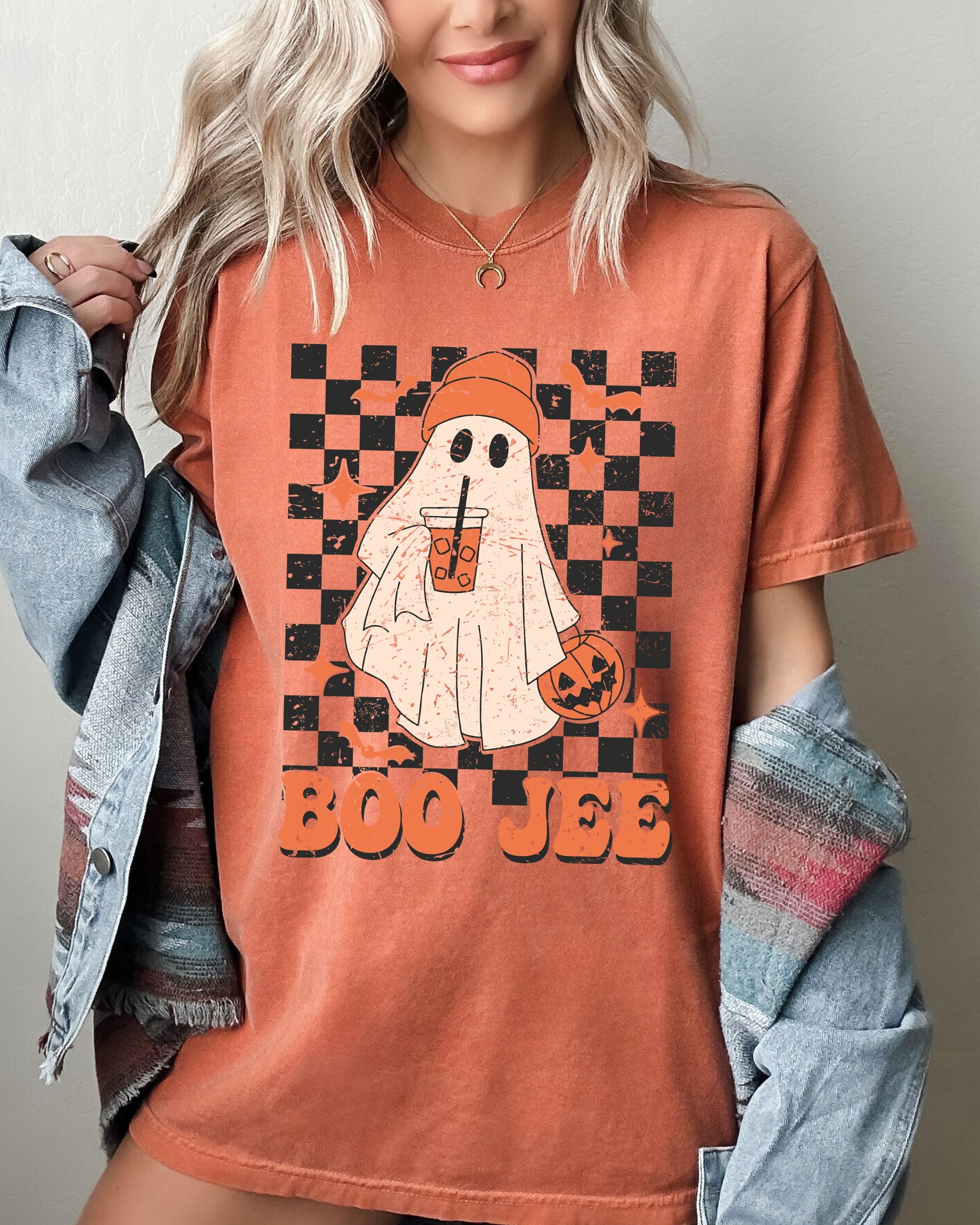 Boo-Jee Ghost Checkered Retro Halloween Coffee Drink Vintage Graphic Comfort Colors Tee