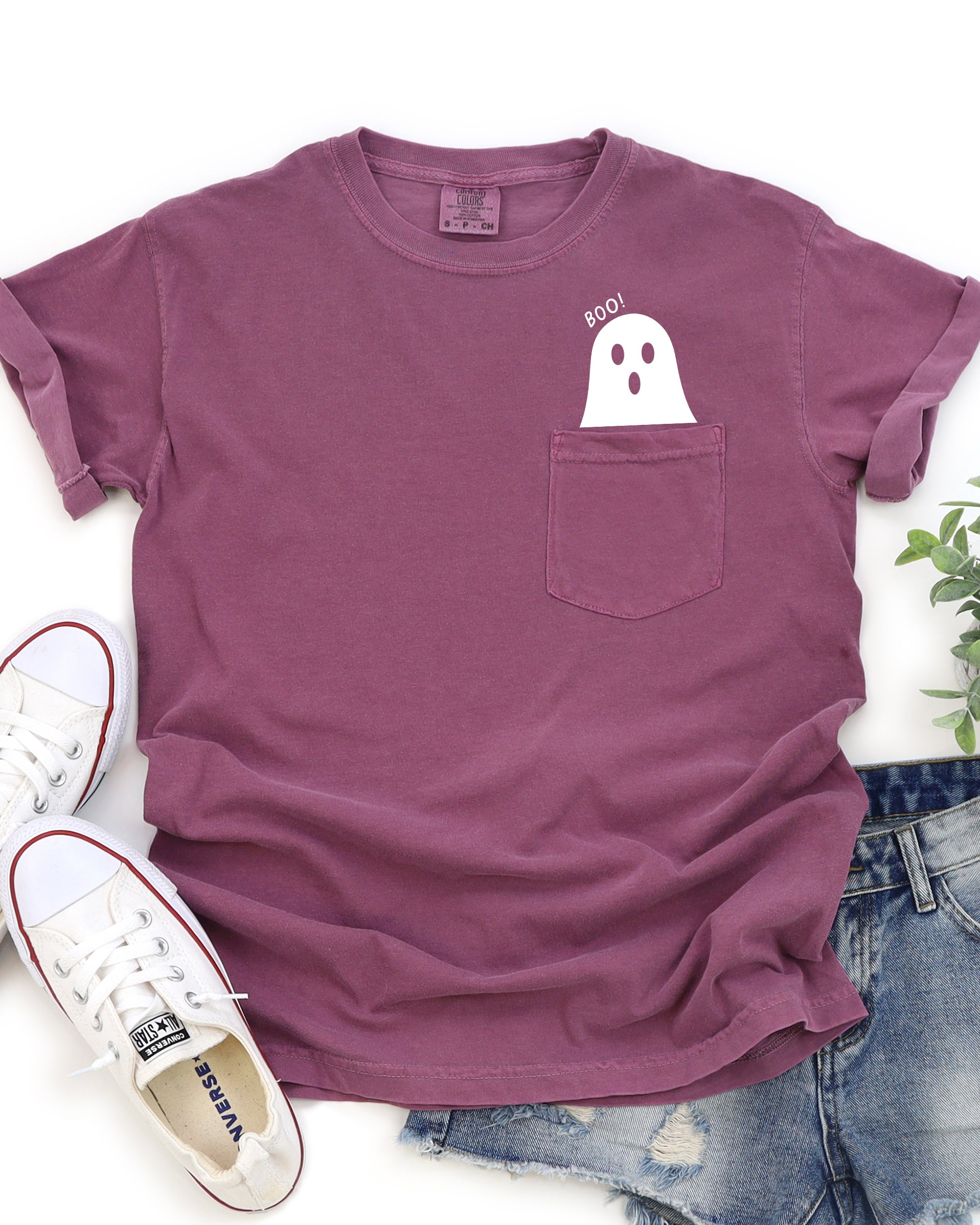 Boo Ghost Halloween Pocket Skeleton Ghost Scene With Vintage Autumn Night Graphics And Cozy Vibe Comfort Colors Tee