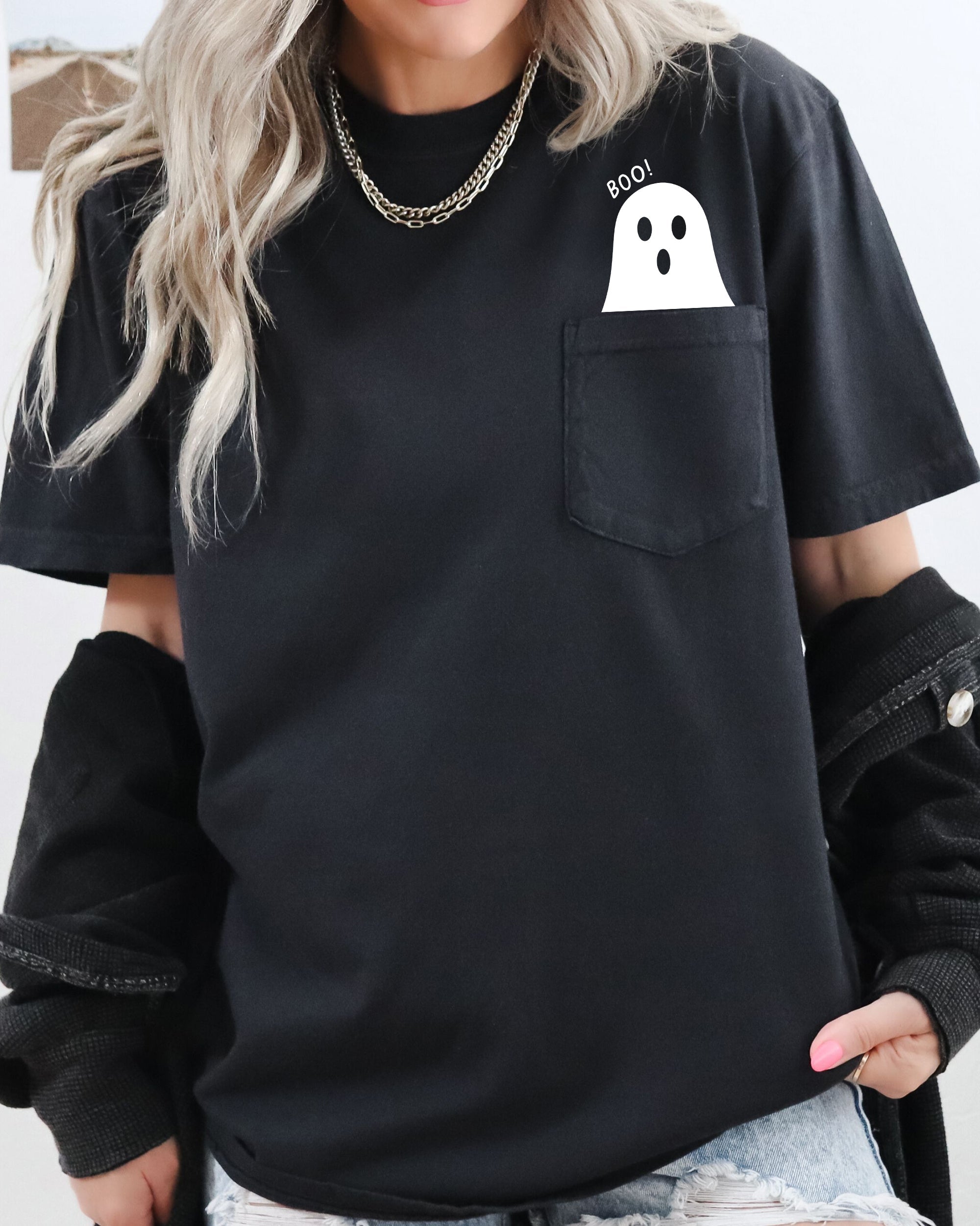 Boo Ghost Halloween Pocket Skeleton Ghost Scene With Vintage Autumn Night Graphics And Cozy Vibe Comfort Colors Tee