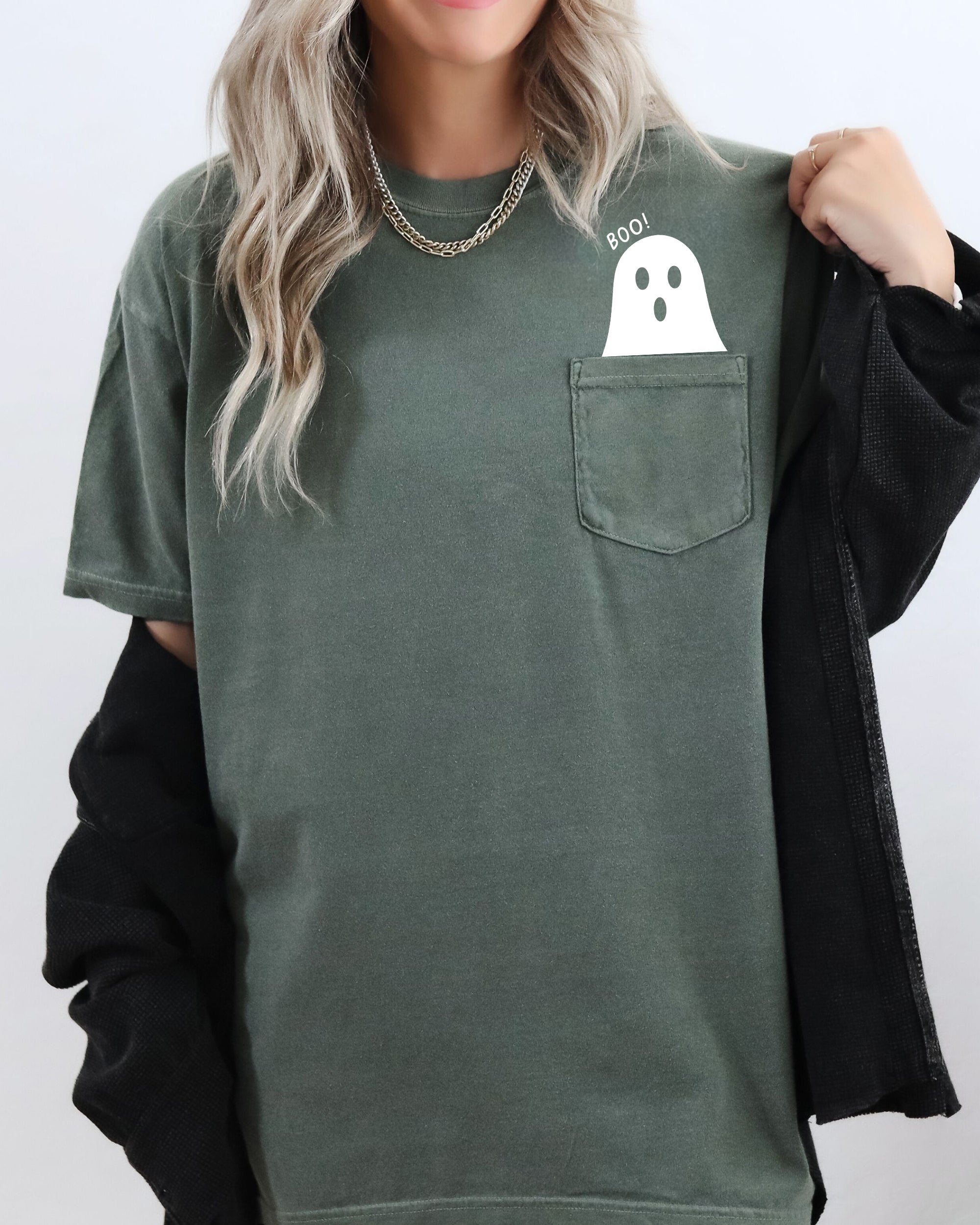 Boo Ghost Halloween Pocket Skeleton Ghost Scene With Vintage Autumn Night Graphics And Cozy Vibe Comfort Colors Tee