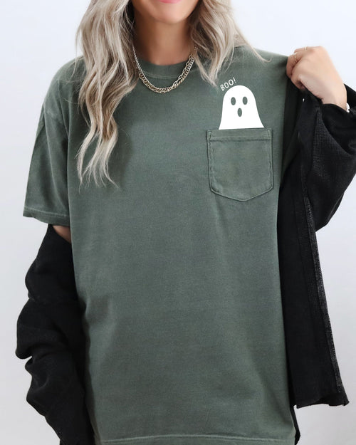 Boo Ghost Halloween Pocket Skeleton Ghost Scene With Vintage Autumn Night Graphics And Cozy Vibe Comfort Colors Tee