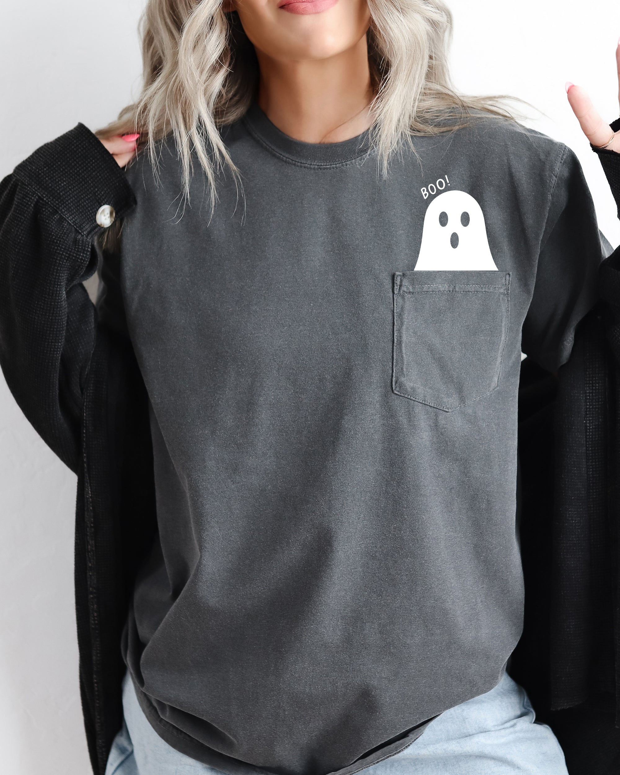 Boo Ghost Halloween Pocket Skeleton Ghost Scene With Vintage Autumn Night Graphics And Cozy Vibe Comfort Colors Tee
