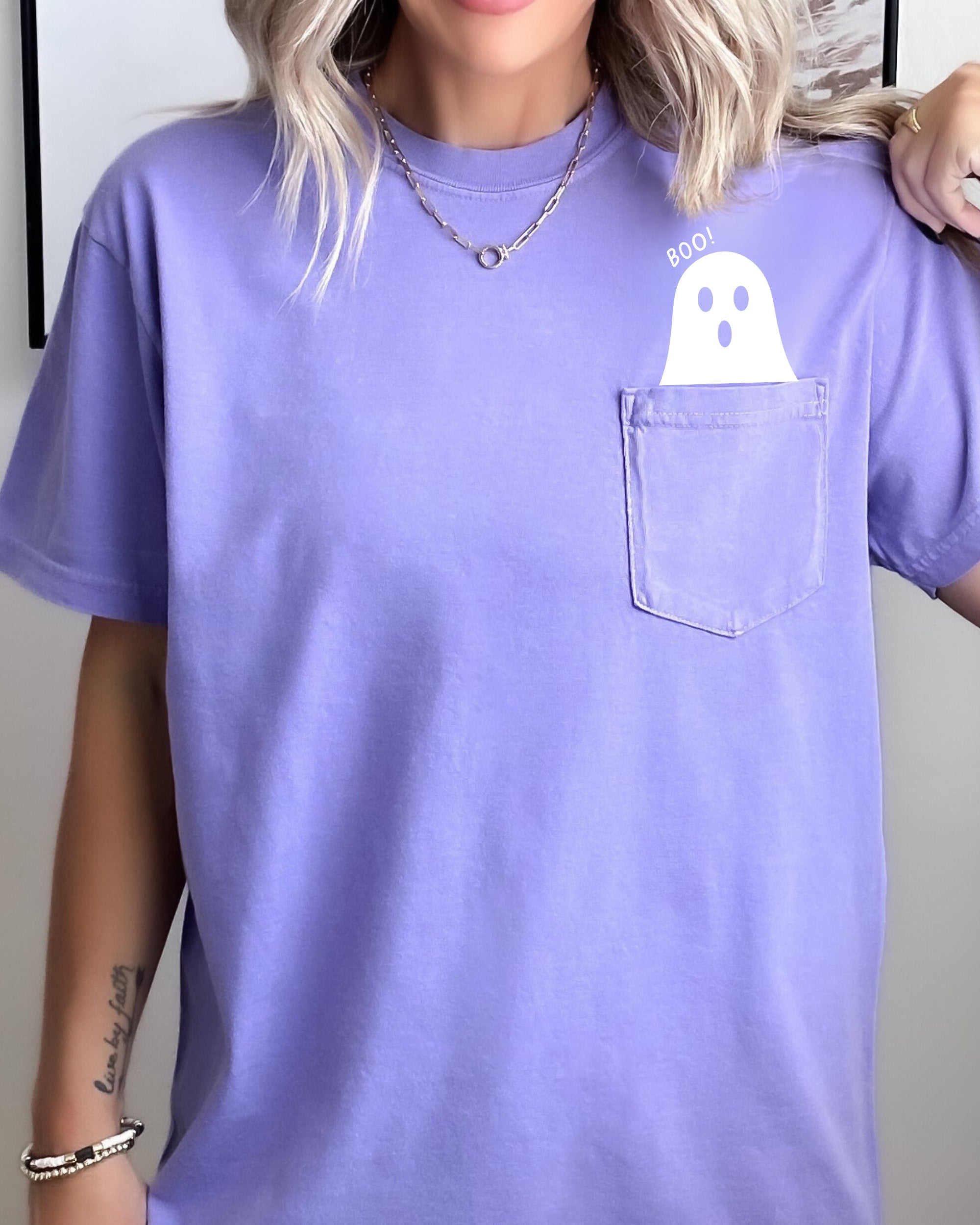 Boo Ghost Halloween Pocket Skeleton Ghost Scene With Vintage Autumn Night Graphics And Cozy Vibe Comfort Colors Tee