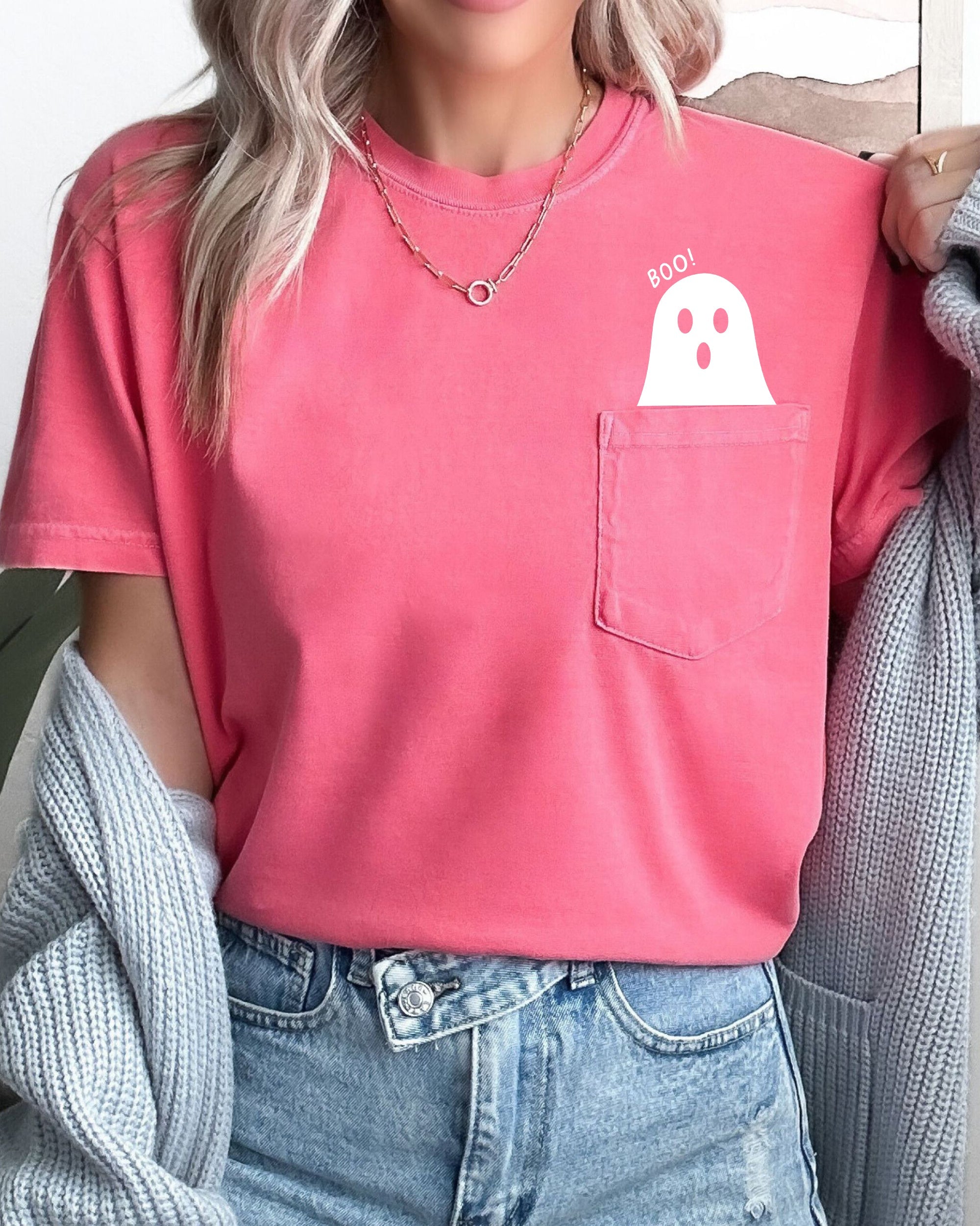 Boo Ghost Halloween Pocket Skeleton Ghost Scene With Vintage Autumn Night Graphics And Cozy Vibe Comfort Colors Tee
