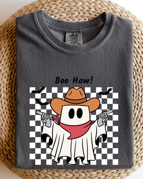 Boo Haw Cowboy Ghost Checkered Western Halloween Vintage Spirit Comfort Colors Tee