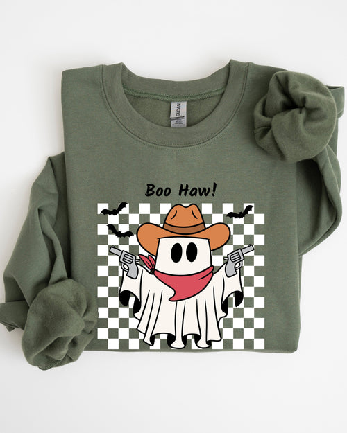 Boo Haw Cowboy Ghost Checkered Western Halloween Edition Premium Graphic Sweatshirt