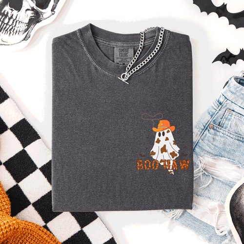 Boo Haw Cowboy Western Halloween Pocket Ghost Town Rodeo Saloon Scene Evening Sunset Comfort Colors Tee