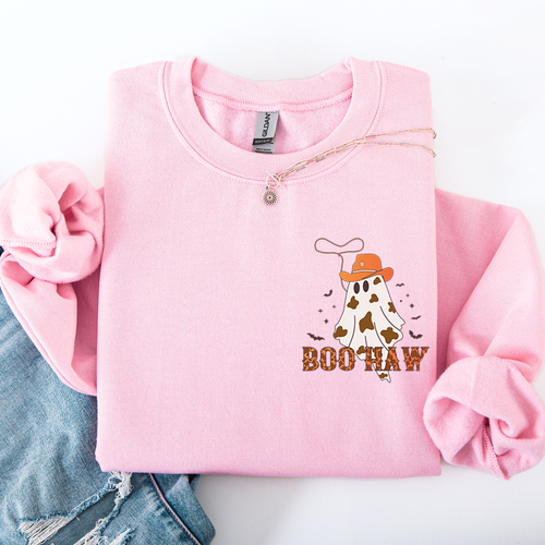 Boo Haw Cowboy Western Halloween Spirit Cozy Fall Favorite For Autumn Nights And Spooky Season Wear Pocket Sweatshirt