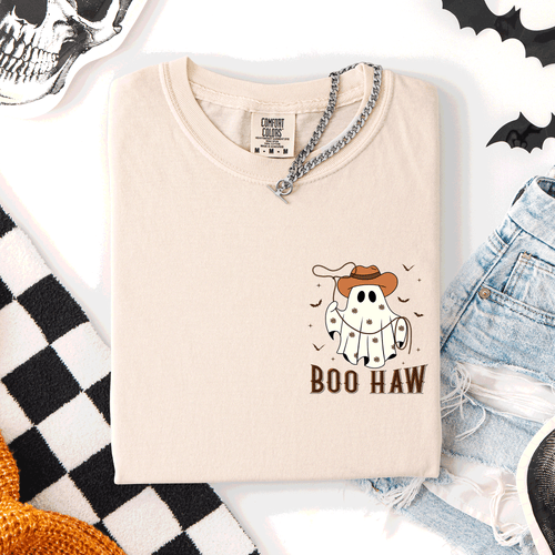 Boo Haw Lasso Cowboy Western Country Halloween Pocket Distressed Print Edition Comfort Colors Tee
