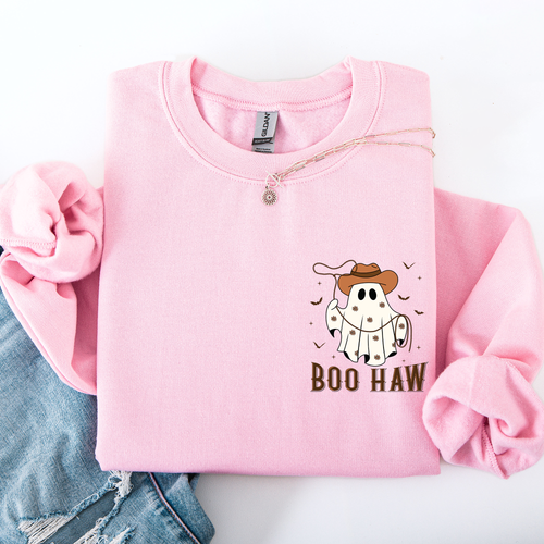 Boo Haw Lasso Cowboy Western Halloween Spirit Of The Wild Frontier Classic Western Quote Pocket Sweatshirt