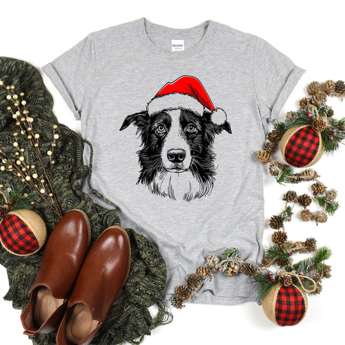 Border Collie Santa Christmas Dog Lover Pet Portrait Art Graphic Comfort Colors Tee