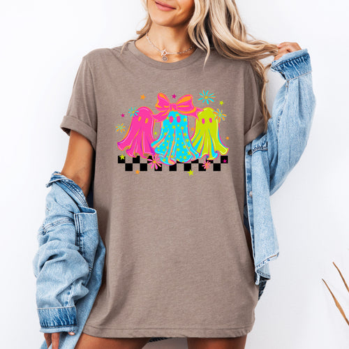 Bright And Colorful Retro Halloween Ghosts Checkered Pattern Vintage Inspired Graphic Tee