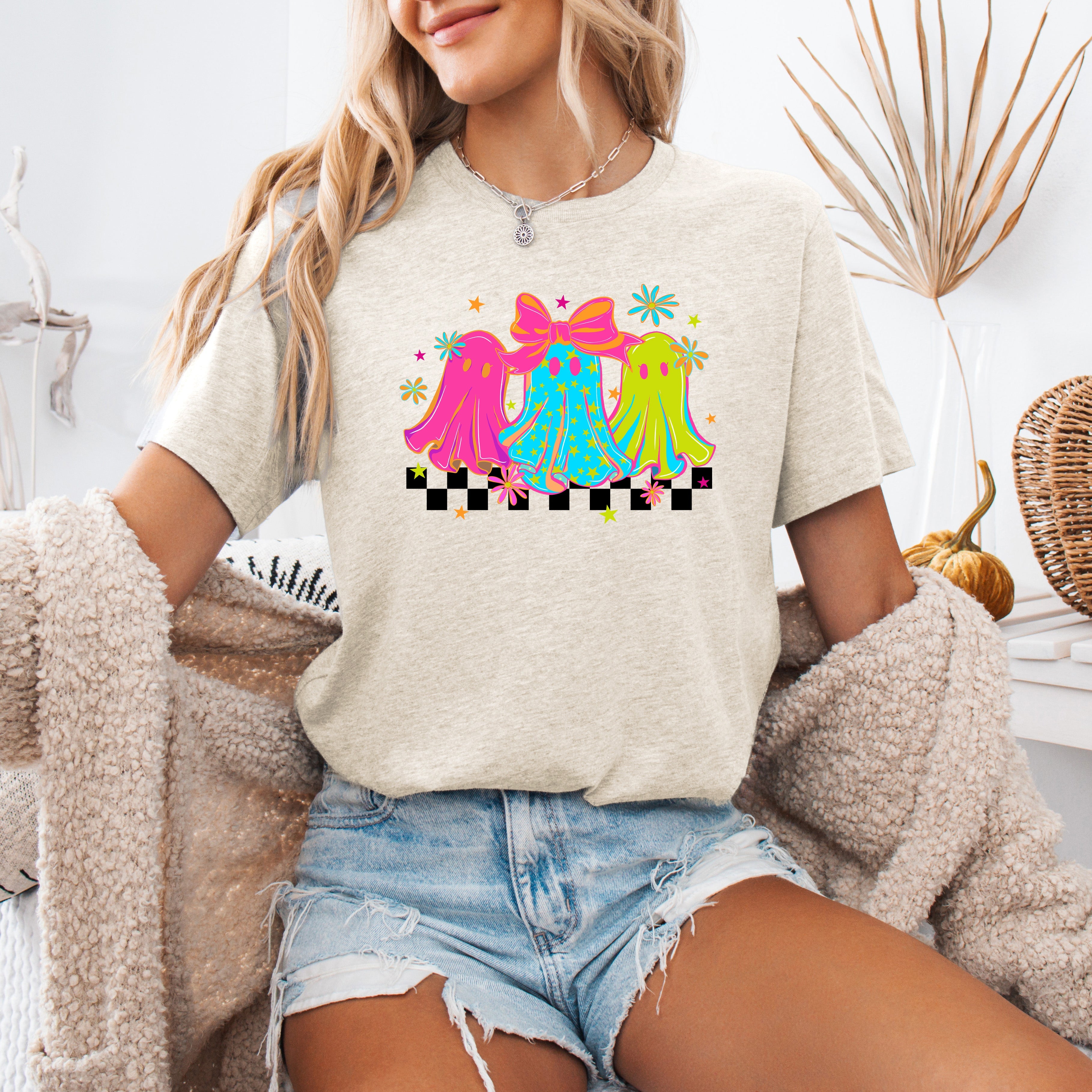 Bright And Colorful Retro Halloween Ghosts Checkered Pattern Vintage Inspired Graphic Tee