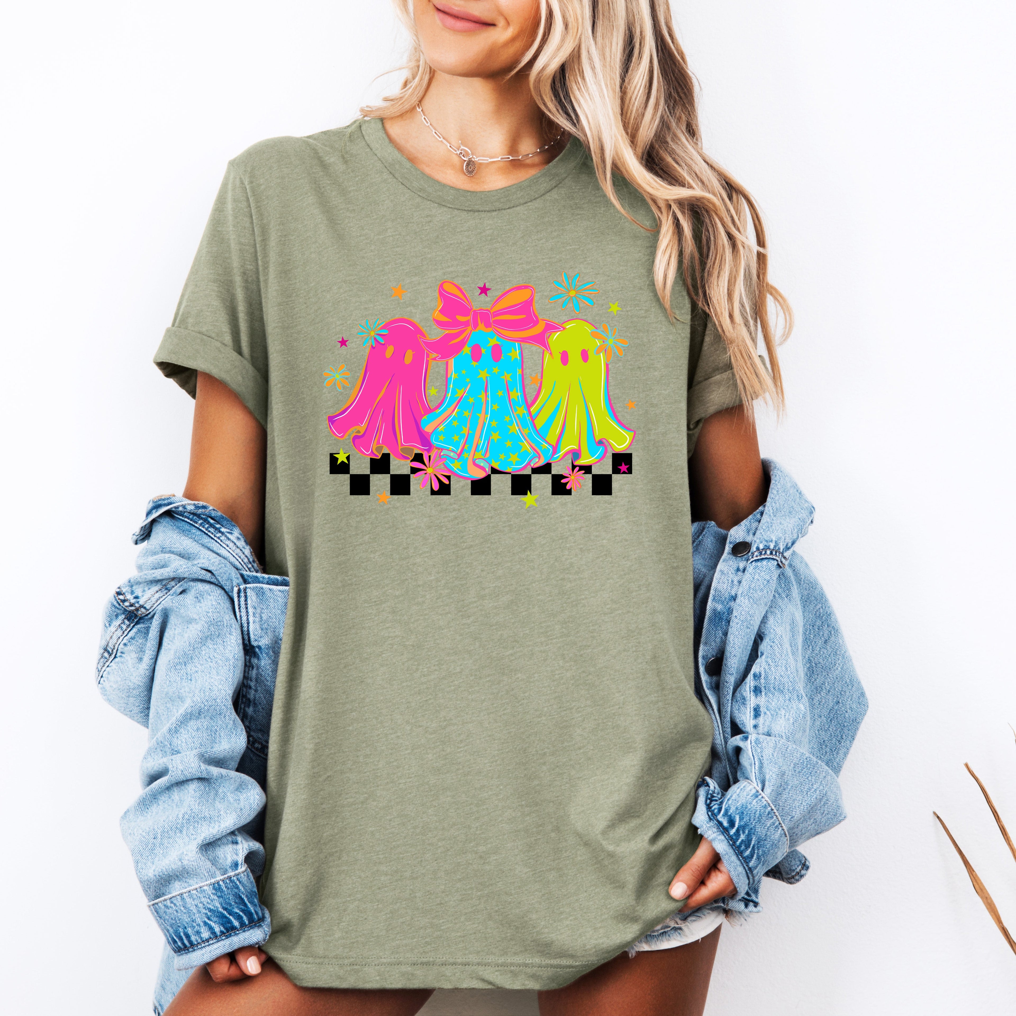 Bright And Colorful Retro Halloween Ghosts Checkered Pattern Vintage Inspired Graphic Tee