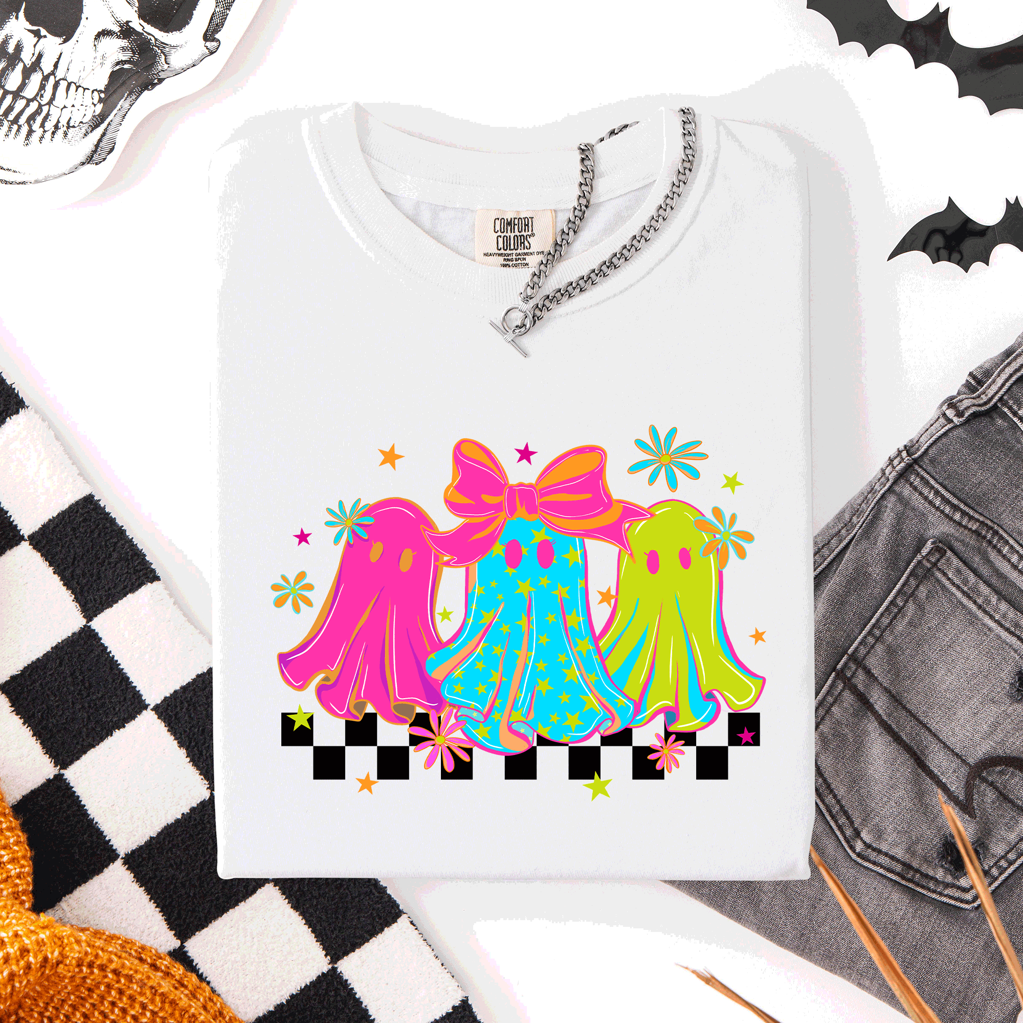 Bright And Colorful Retro Halloween Ghosts Checkered Graphic Design Limited Edition Comfort Colors Tee