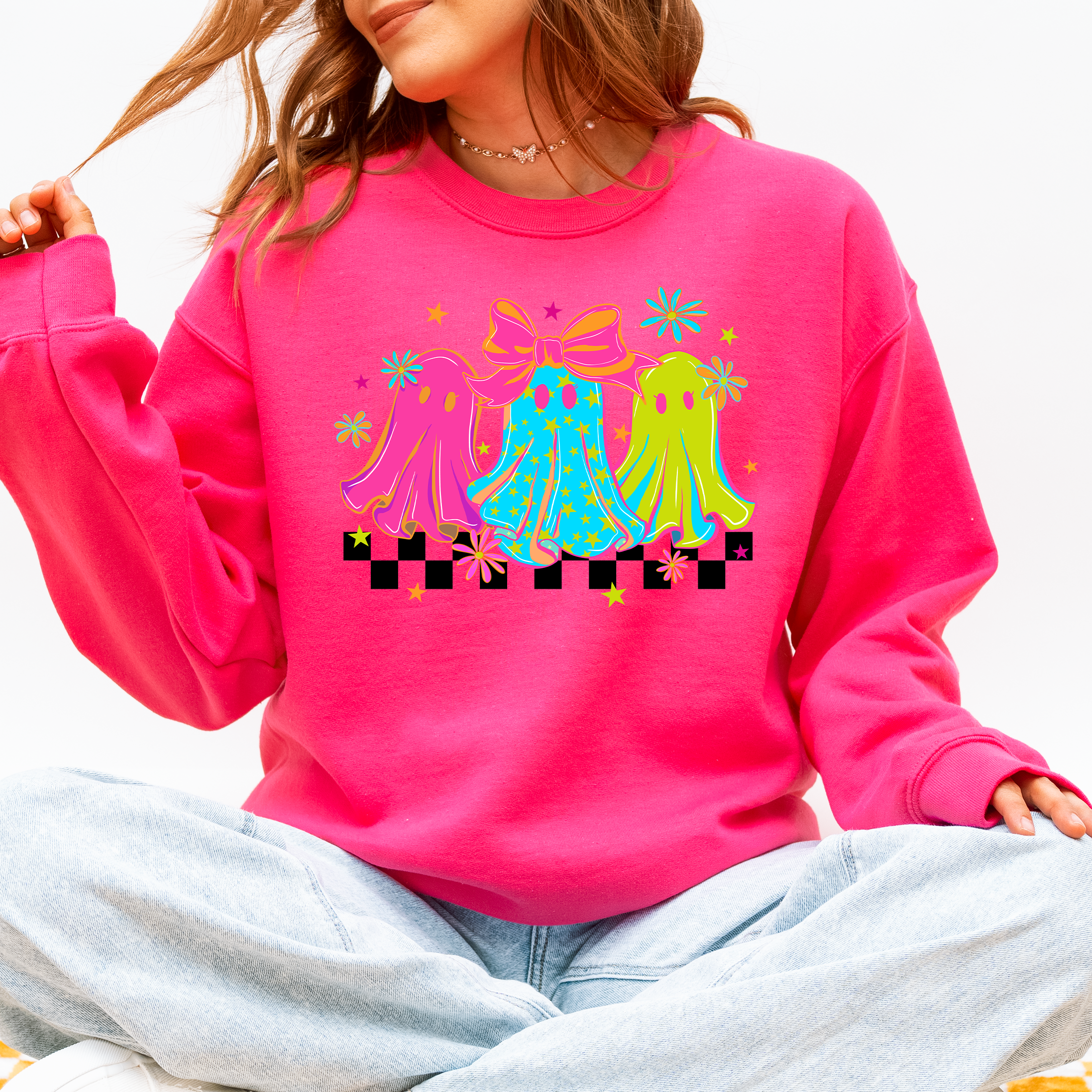 Bright And Colorful Retro Halloween Ghosts Checkered Cozy Vintage-Inspired Graphic Sweatshirt