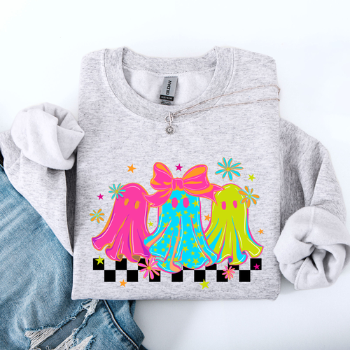 Bright And Colorful Retro Halloween Ghosts Checkered Cozy Vintage-Inspired Graphic Sweatshirt
