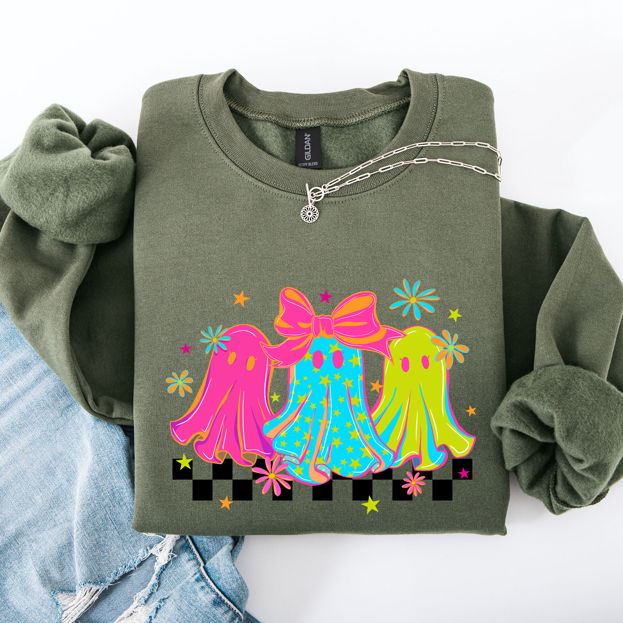 Bright And Colorful Retro Halloween Ghosts Checkered Cozy Vintage-Inspired Graphic Sweatshirt