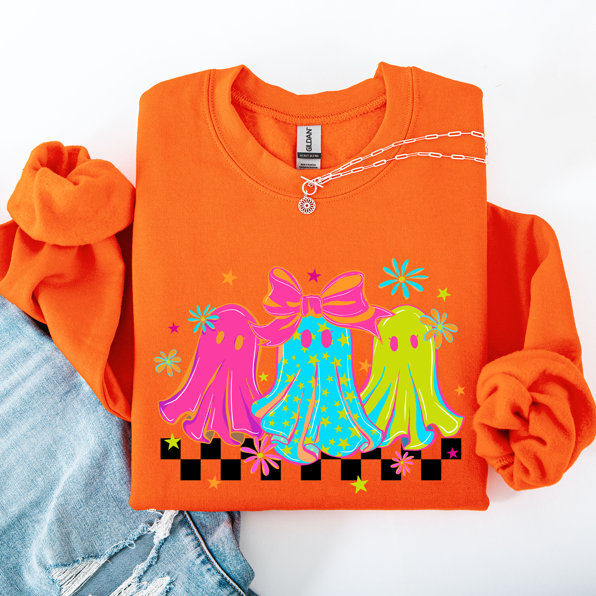 Bright And Colorful Retro Halloween Ghosts Checkered Cozy Vintage-Inspired Graphic Sweatshirt