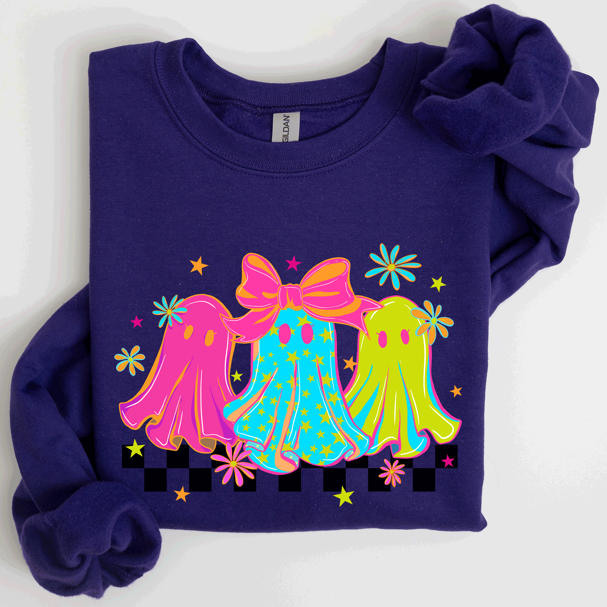 Bright And Colorful Retro Halloween Ghosts Checkered Cozy Vintage-Inspired Graphic Sweatshirt