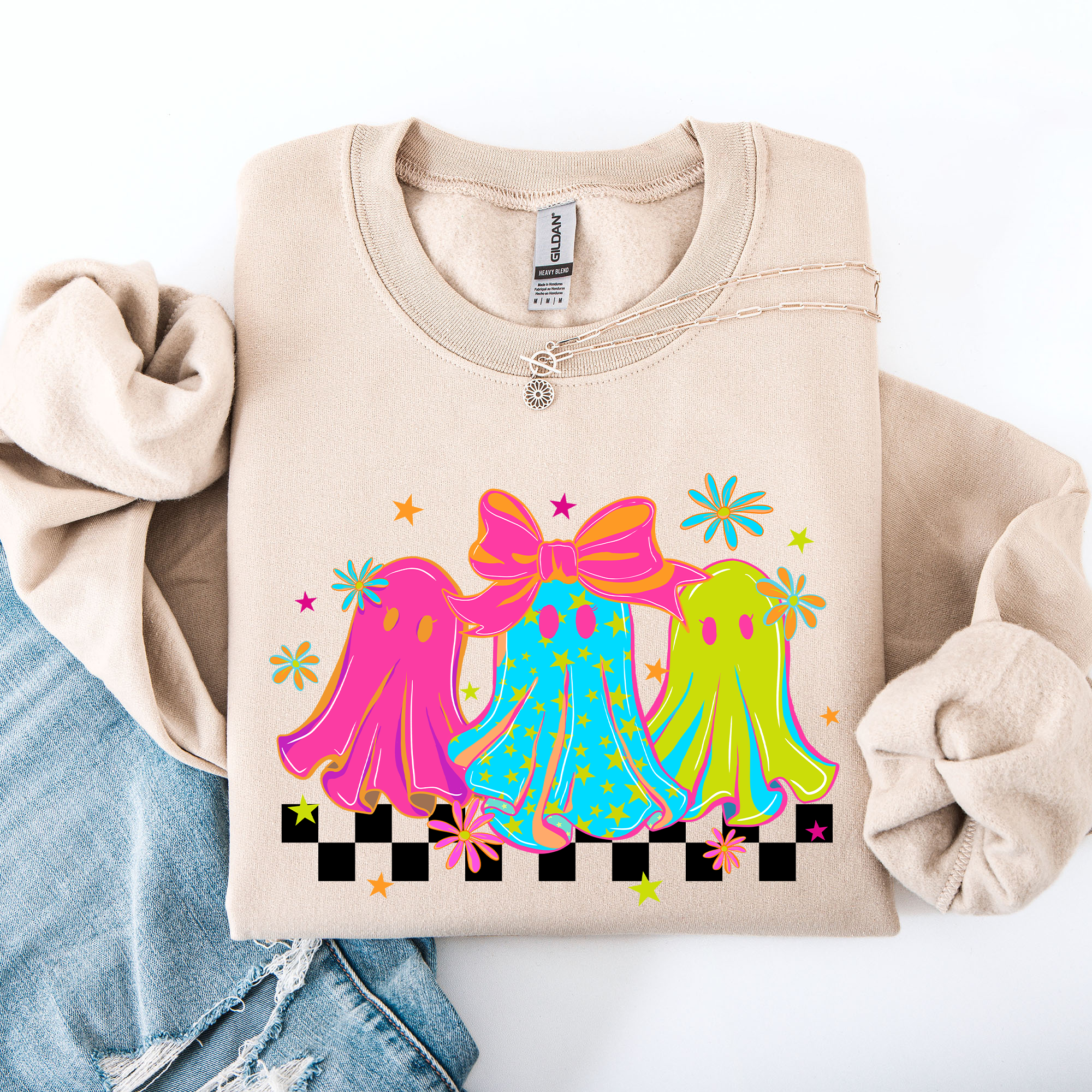 Bright And Colorful Retro Halloween Ghosts Checkered Cozy Vintage-Inspired Graphic Sweatshirt