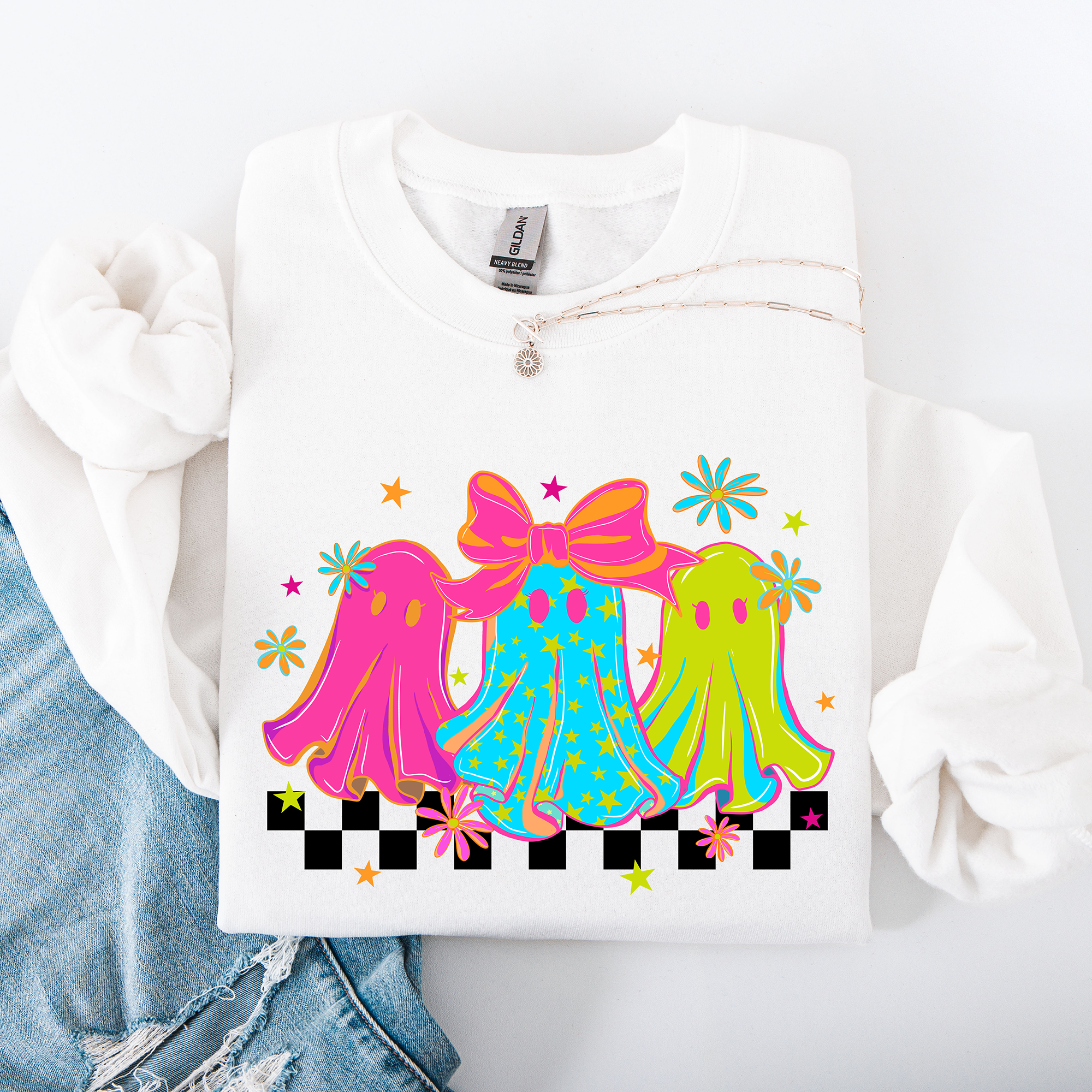 Bright And Colorful Retro Halloween Ghosts Checkered Cozy Vintage-Inspired Graphic Sweatshirt