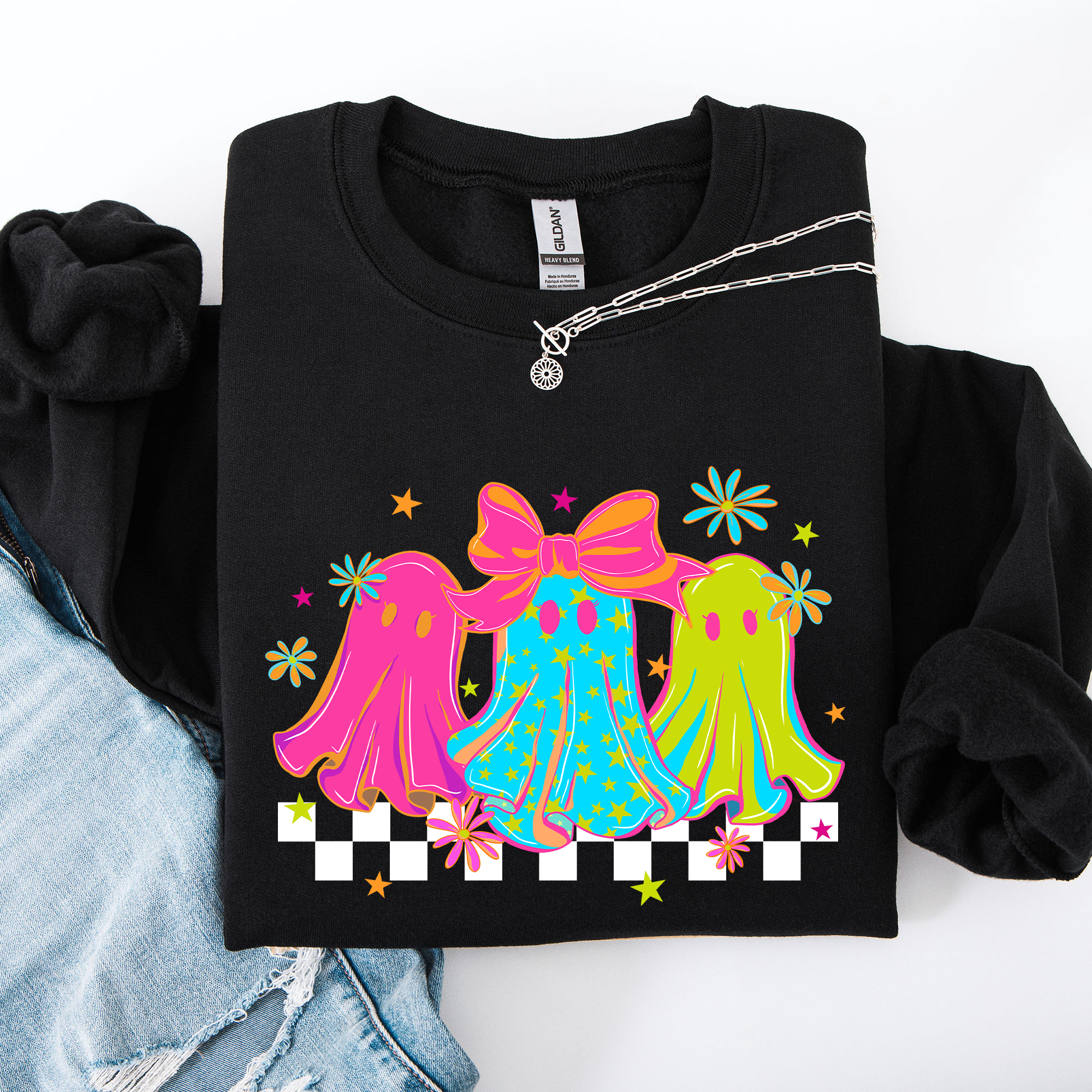 Bright And Colorful Retro Halloween Ghosts Checkered Cozy Vintage-Inspired Graphic Sweatshirt