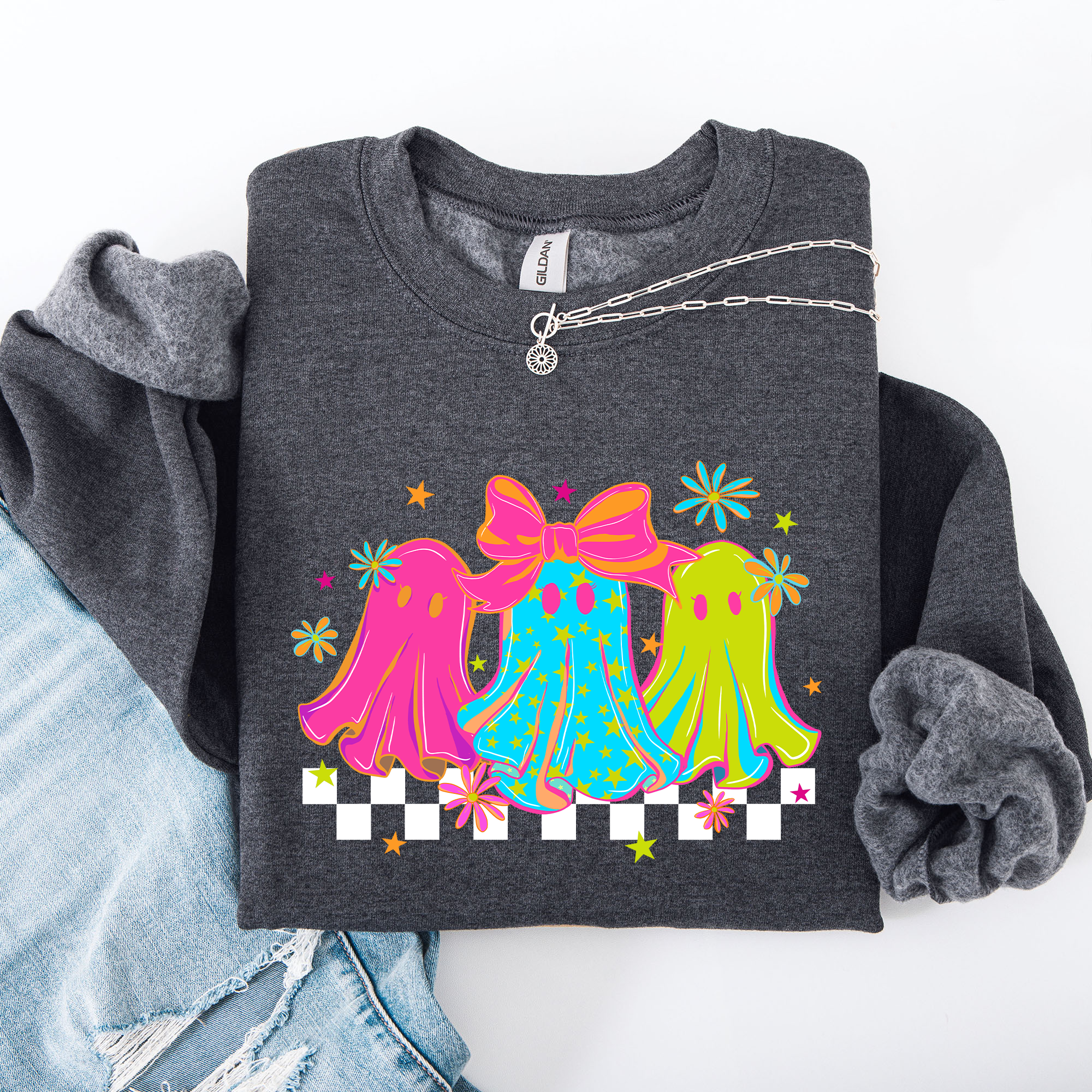 Bright And Colorful Retro Halloween Ghosts Checkered Cozy Vintage-Inspired Graphic Sweatshirt