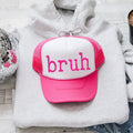Bruh Sassy Funny Bright Pink Statement Graphic Emblem Vintage Inspired Bold Lettering Trucker Hat